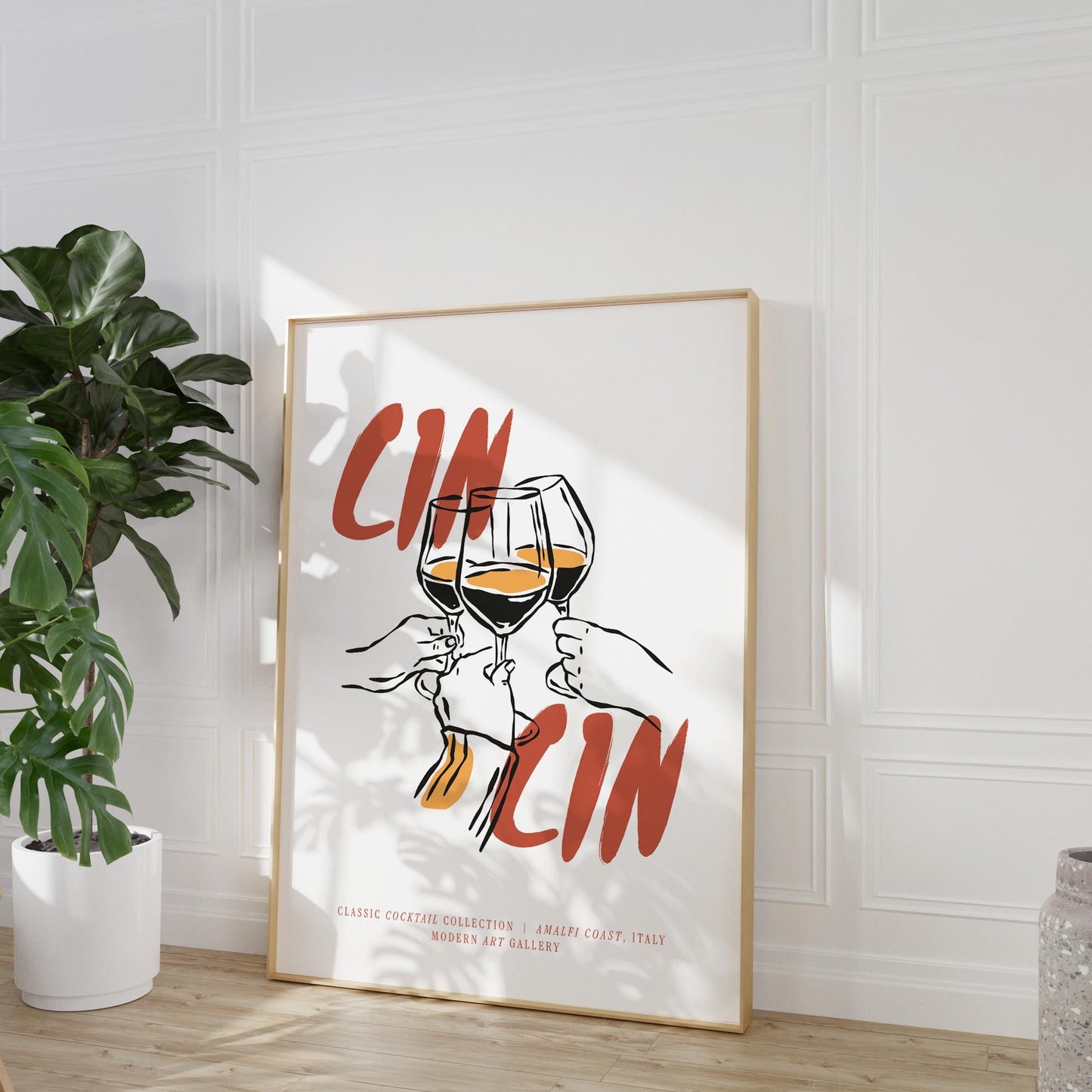 Wine lover decor poster showing cin cin cheers design with wine glasses and artistic line drawing