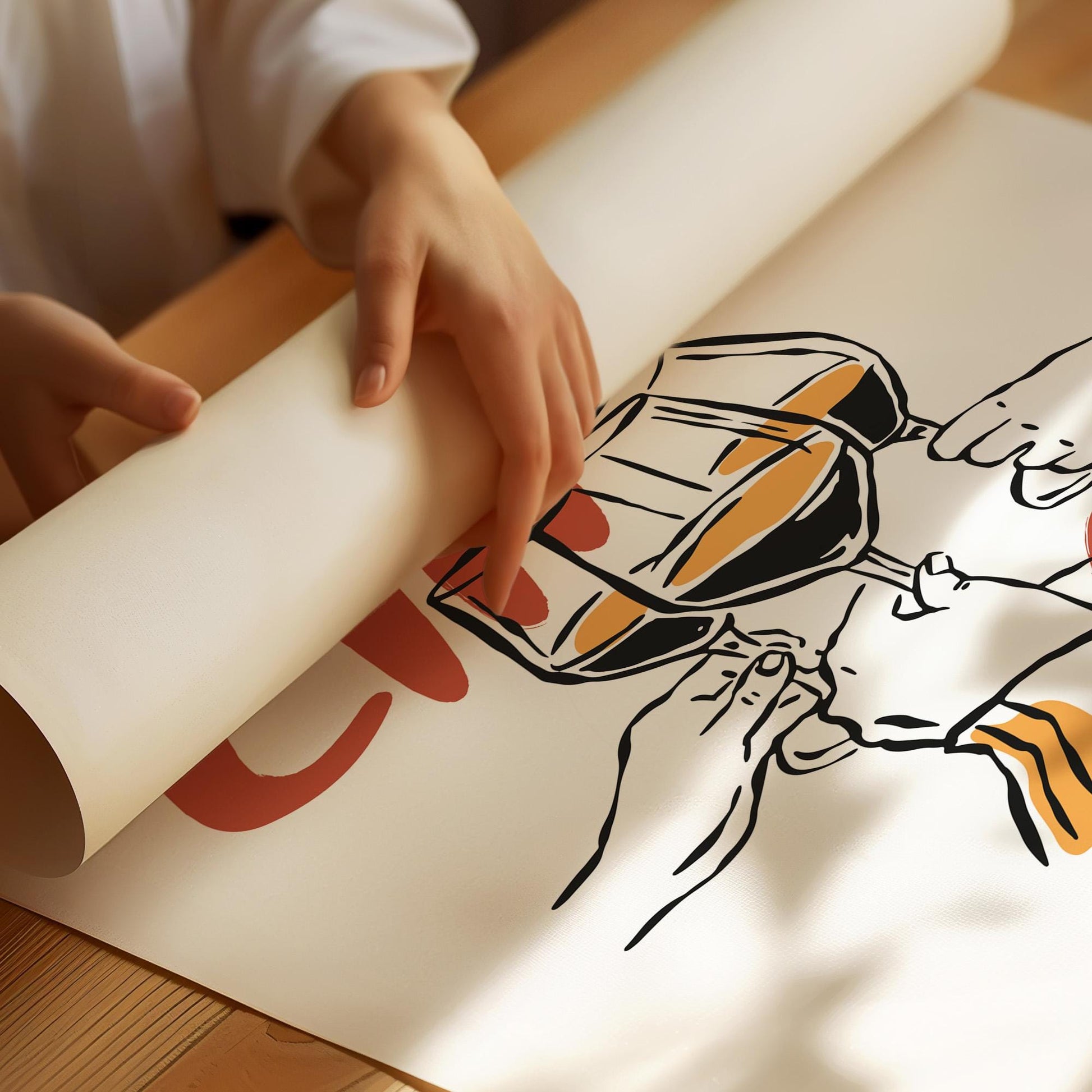 Kitchen poster with Cin Cin wine cheers text and elegant wine glass toast illustration