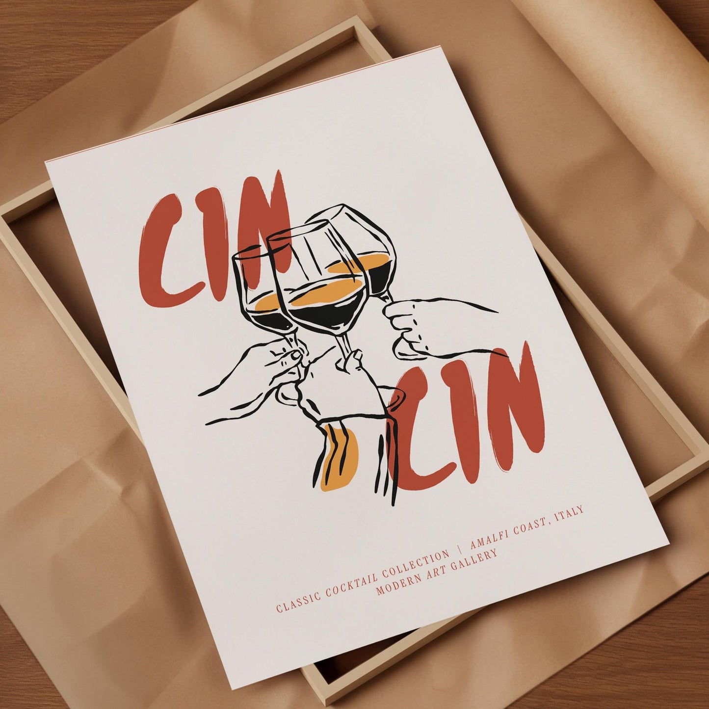 Wine bar themed wall decor print with terracotta typography and black line art matte coating