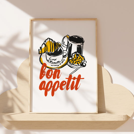 French café style wall art with coffee cup, croissant, and breakfast design on fine art paper