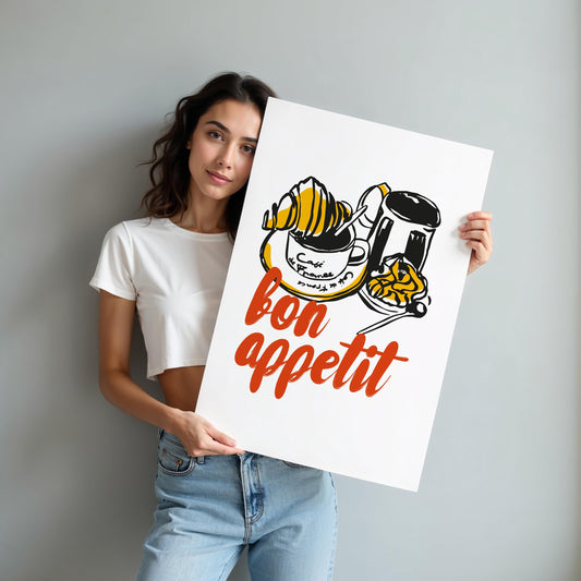 Bon Appetit French breakfast wall art print with coffee cup, croissant, and French press illustration