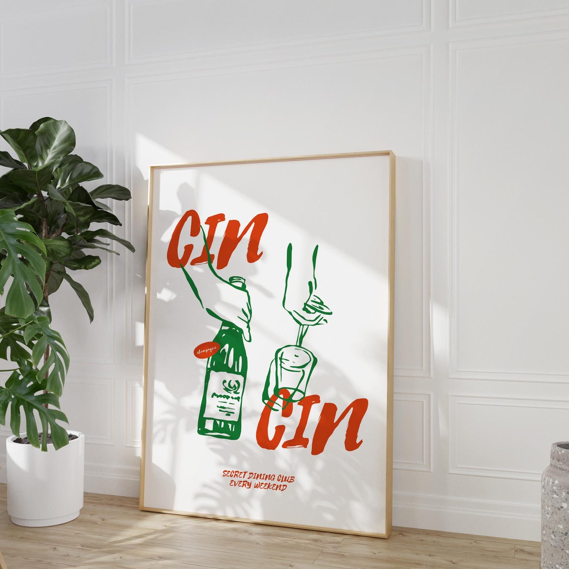 Minimalist Italian wine art print with hand-drawn bottle and glass illustration