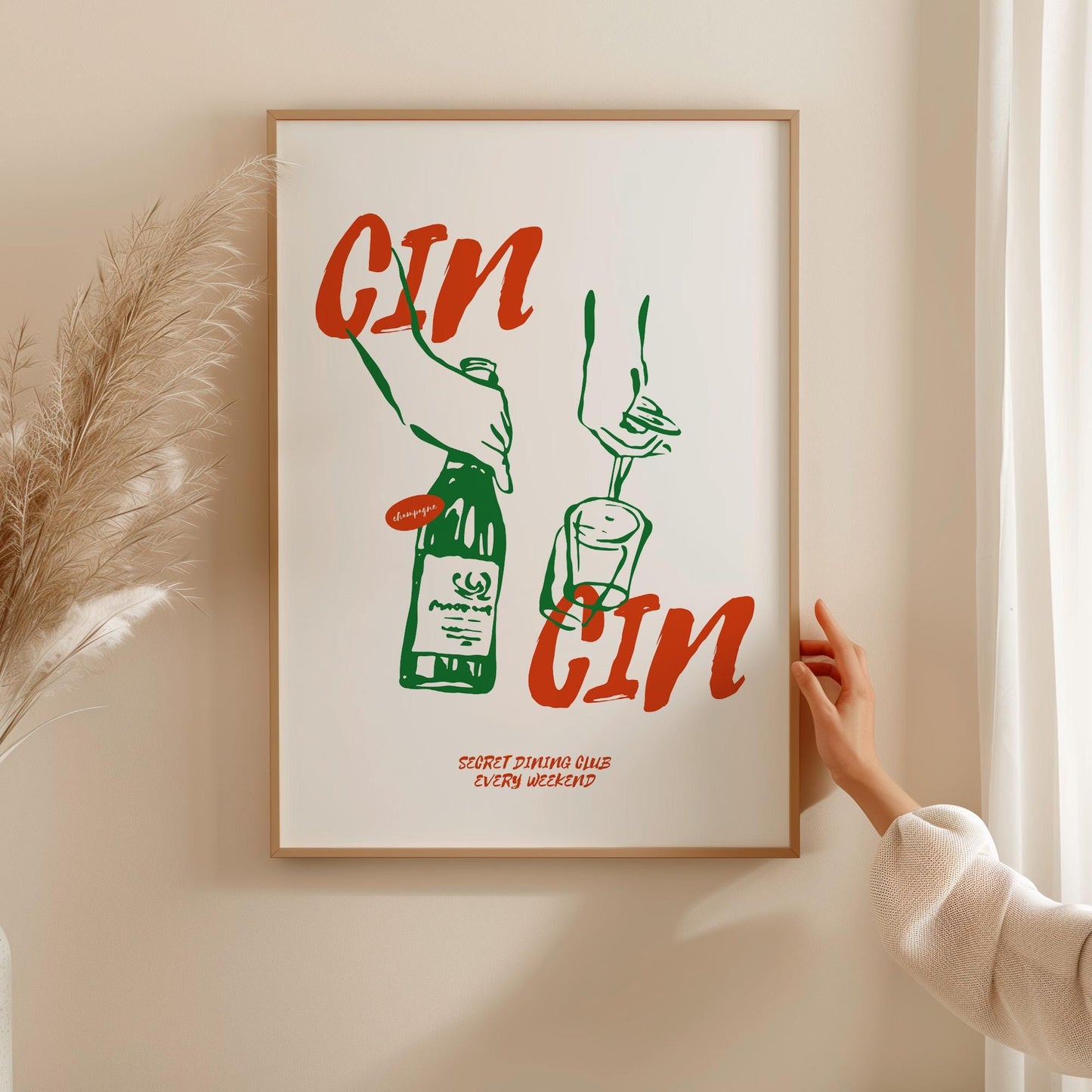 Wine lover poster featuring minimalist line art wine bottle and bold Cin Cin typography