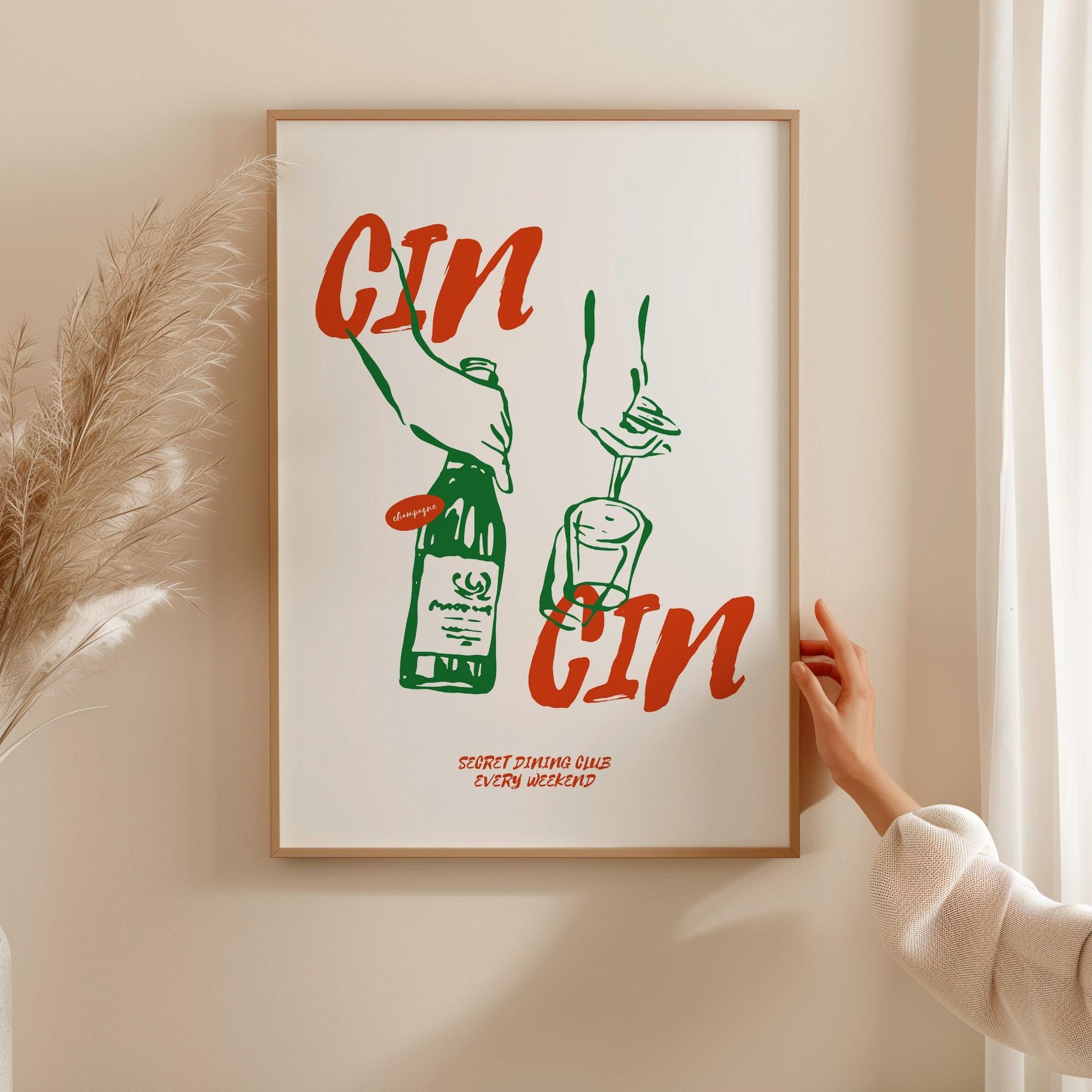 Wine lover poster featuring minimalist line art wine bottle and bold Cin Cin typography