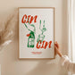 Wine lover poster featuring minimalist line art wine bottle and bold Cin Cin typography