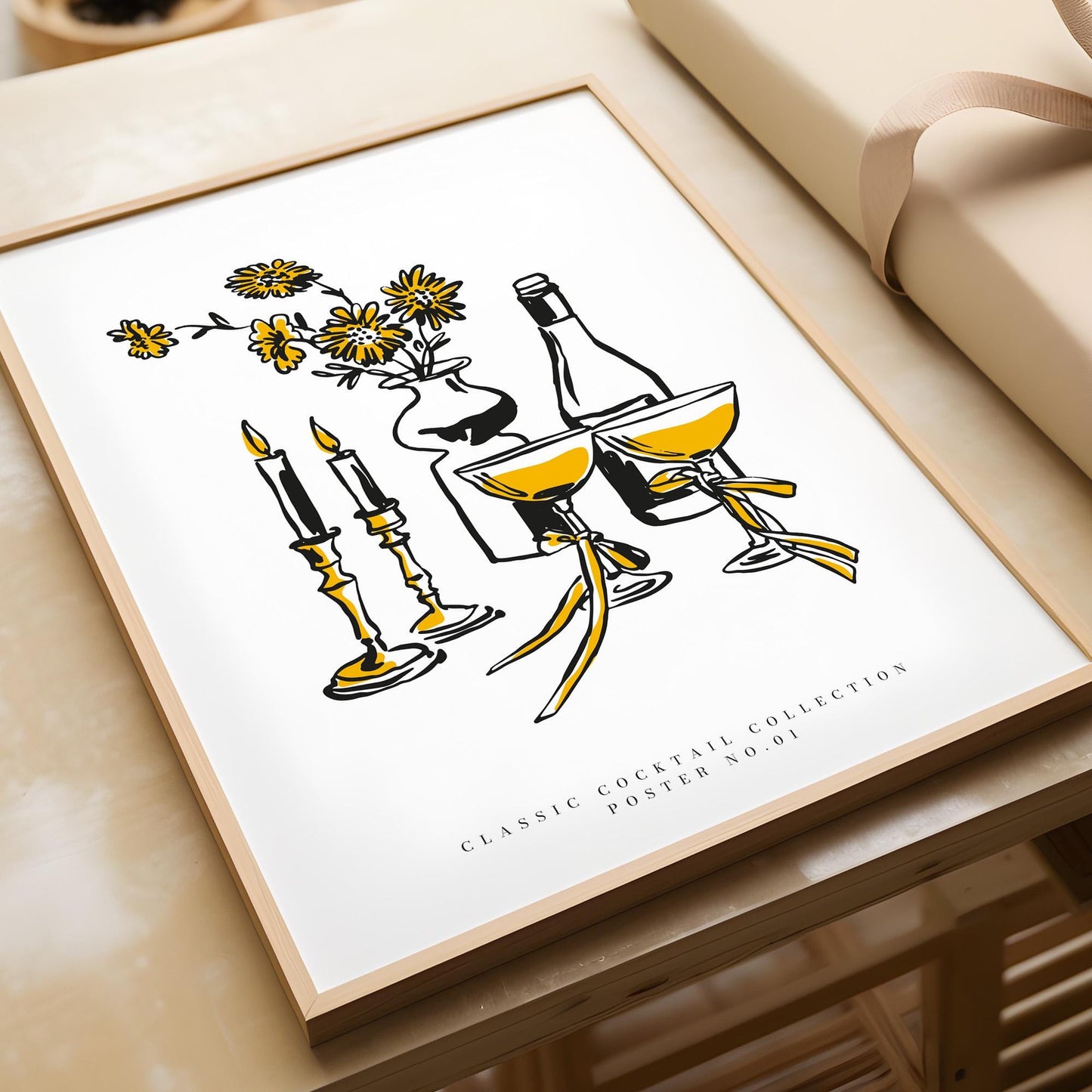 Minimalist bar poster featuring candlelight and cocktail glasses