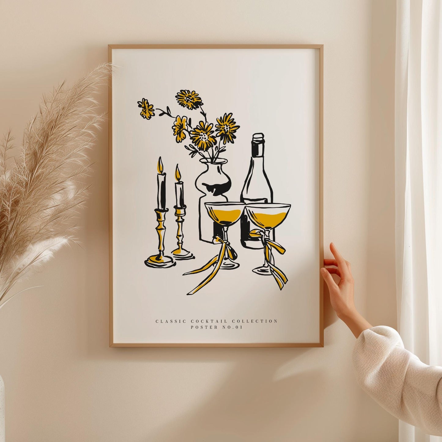Modern bar wall art featuring drinks flowers and candle holders