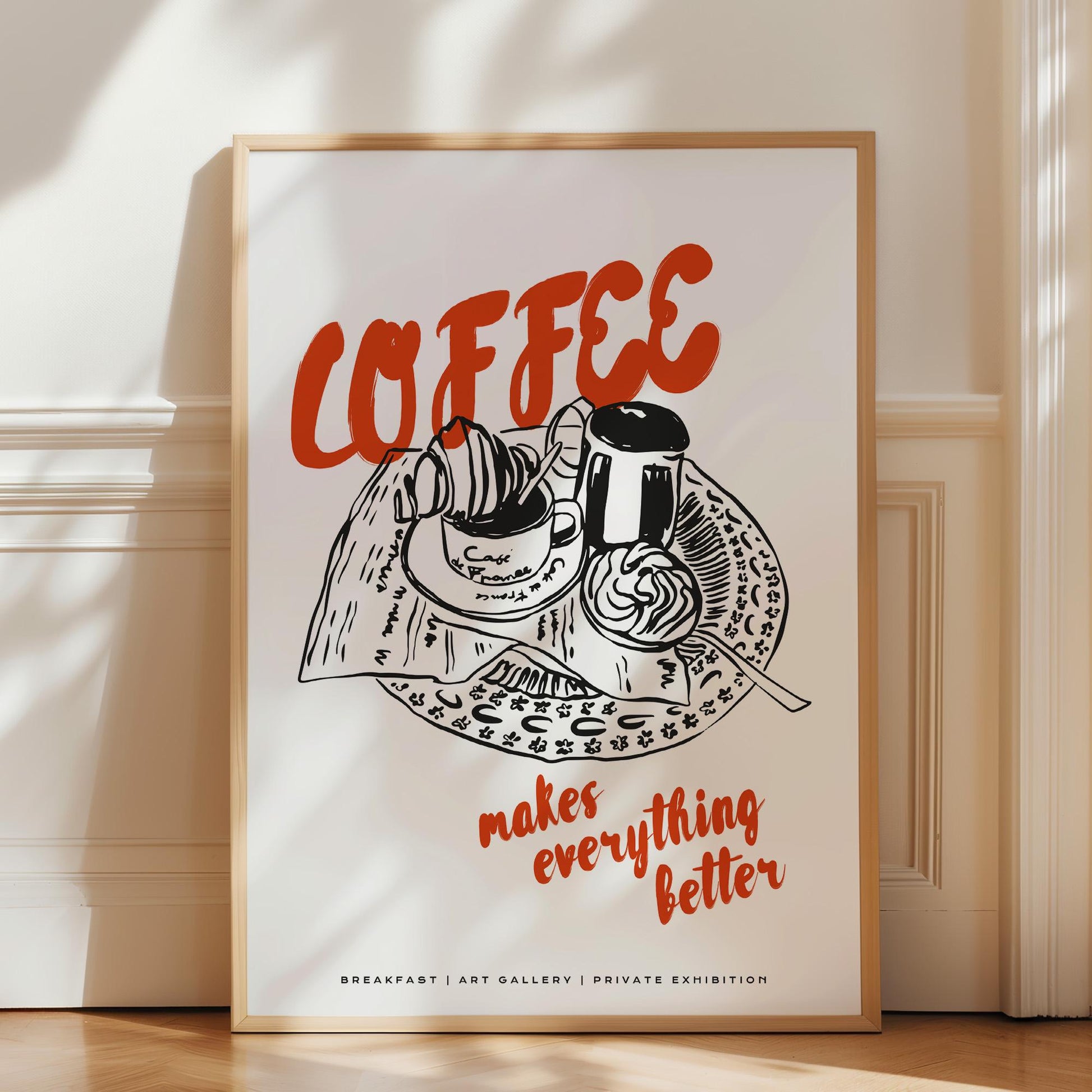 Black and white breakfast illustration with bold red coffee lettering