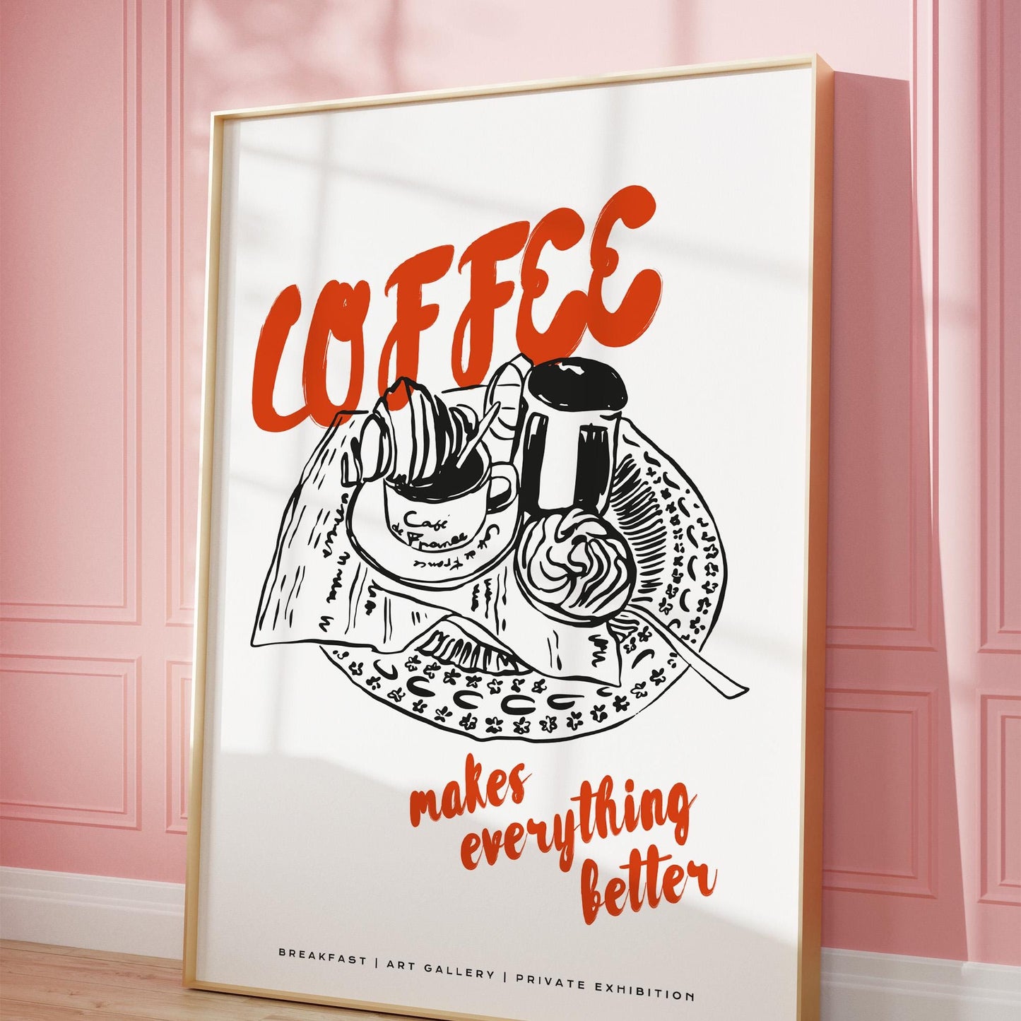 Coffee shop decor poster with line art breakfast scene and matte finish