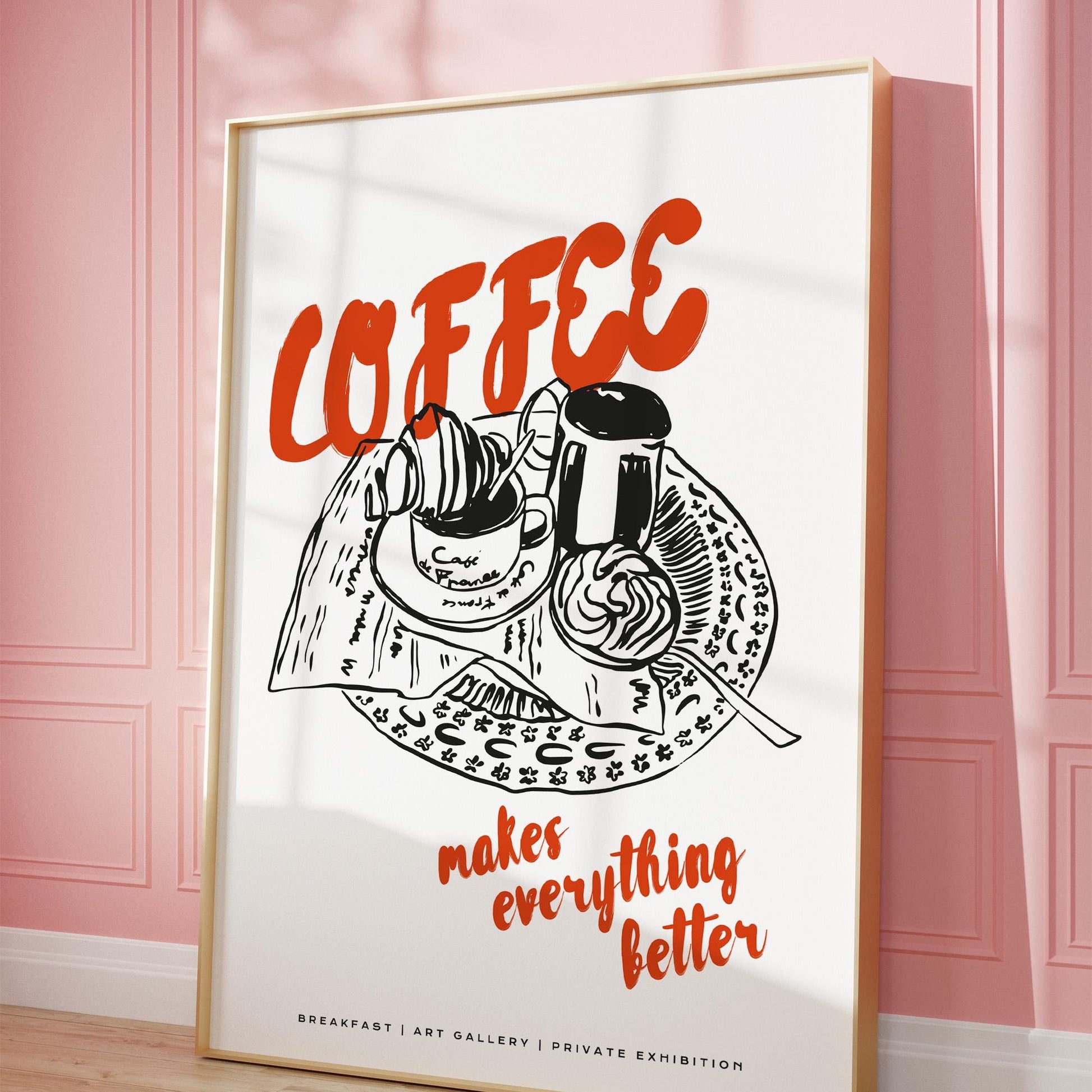 Coffee shop decor poster with line art breakfast scene and matte finish