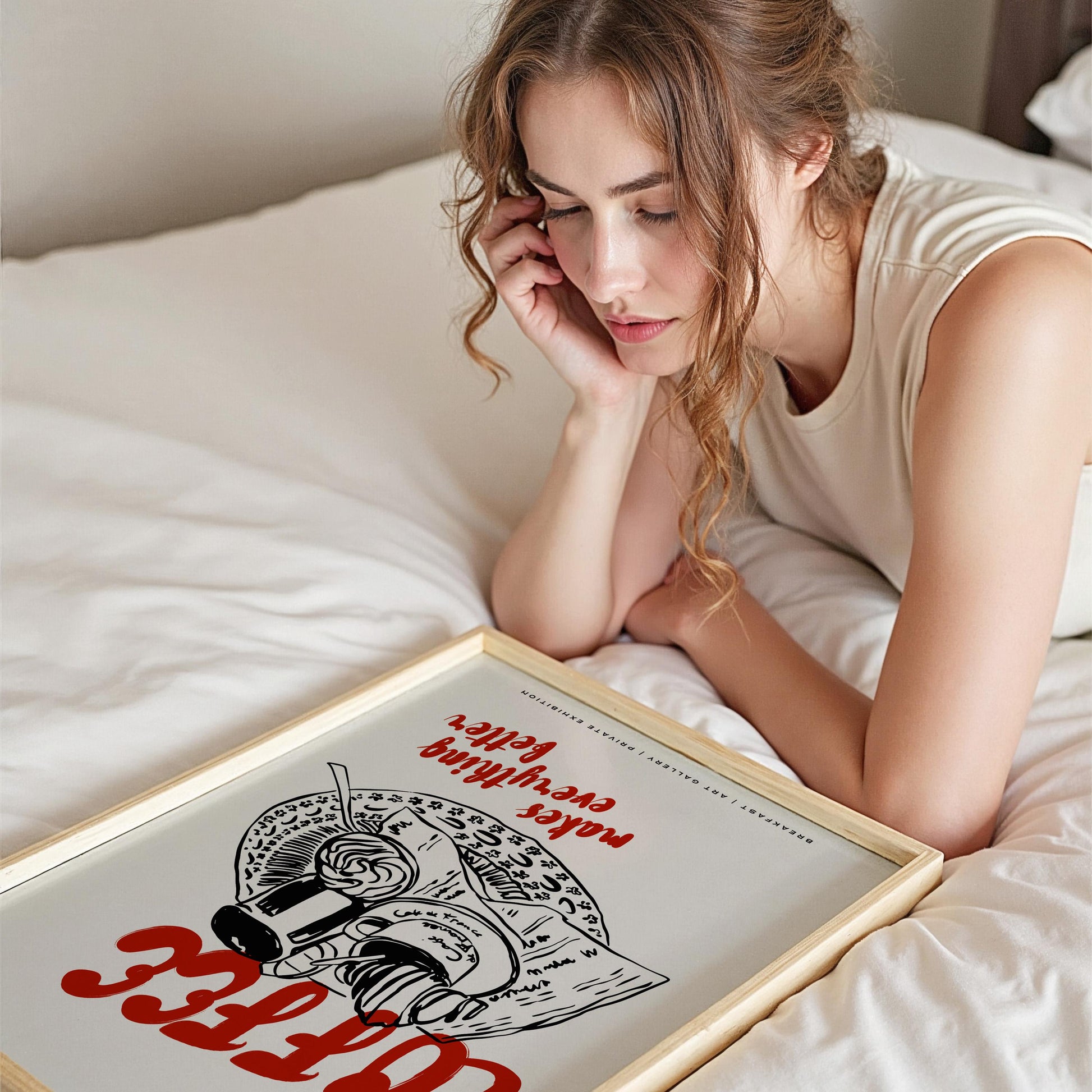 Fine art coffee print with “Coffee Makes Everything Better” text and breakfast imagery