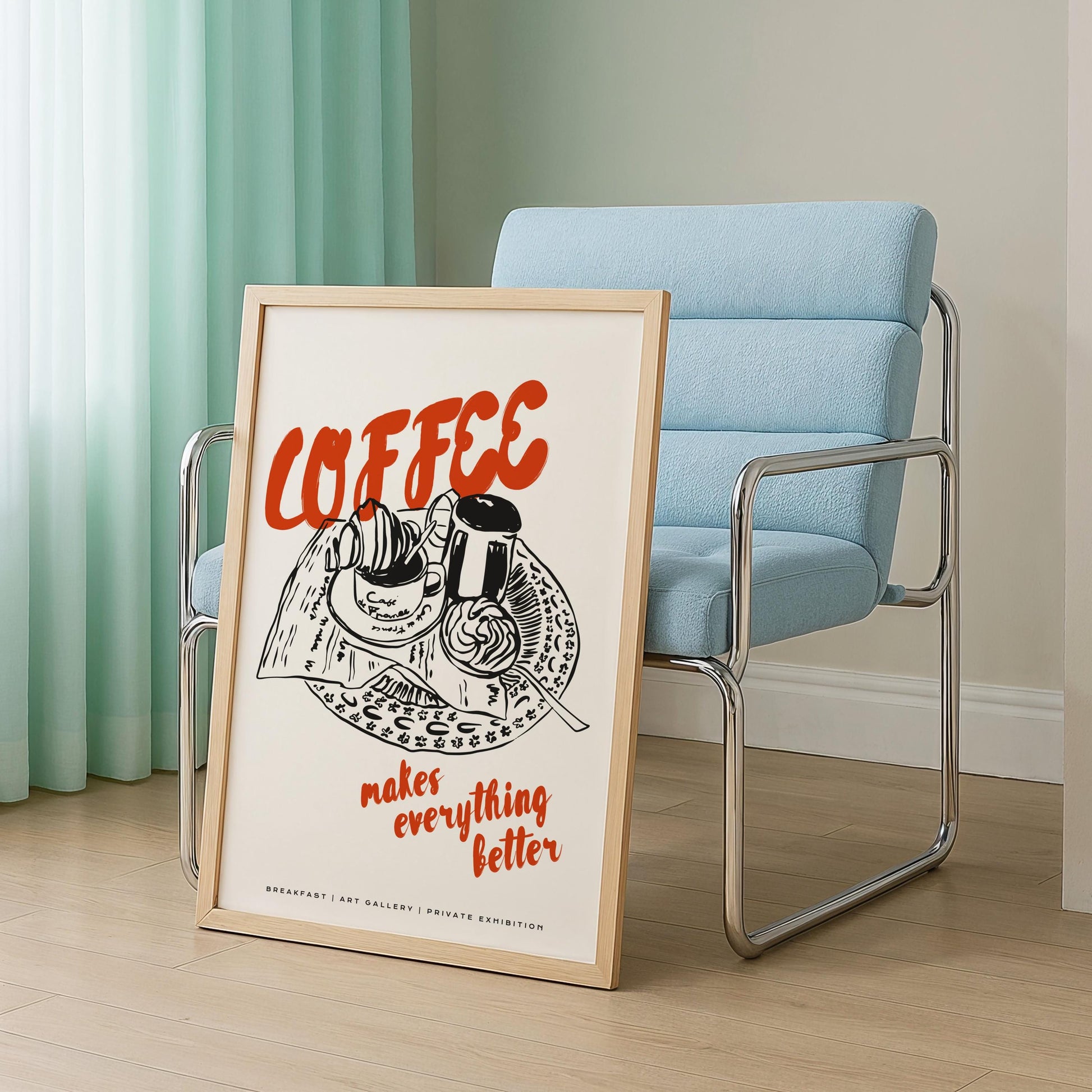 Modern farmhouse kitchen wall art with coffee and pastry illustration