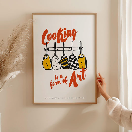 Kitchen themed wall decor print with orange cooking typography and illustrated utensils matte coating