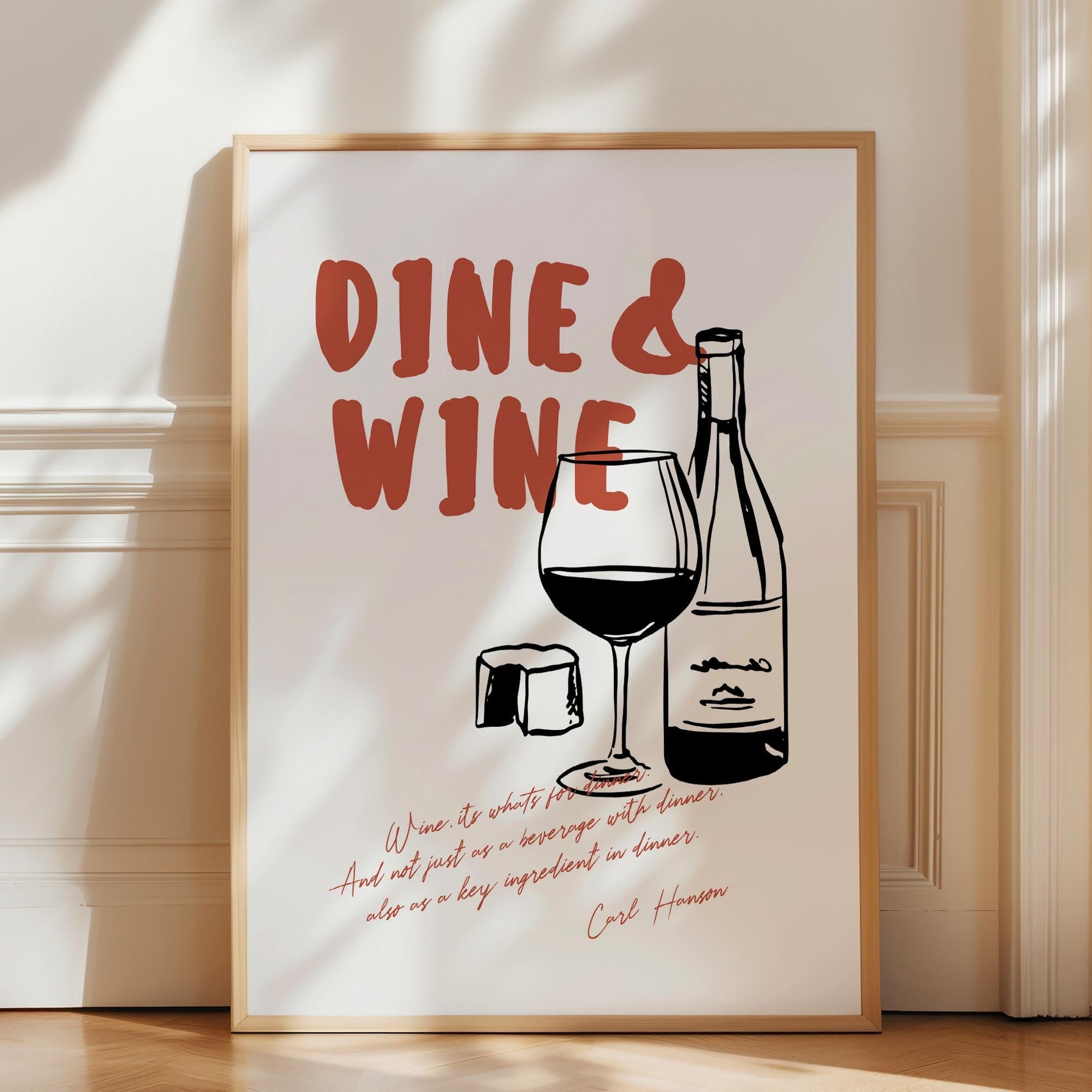 Wine themed wall decor print with terracotta lettering and black wine bottle illustration matte coating