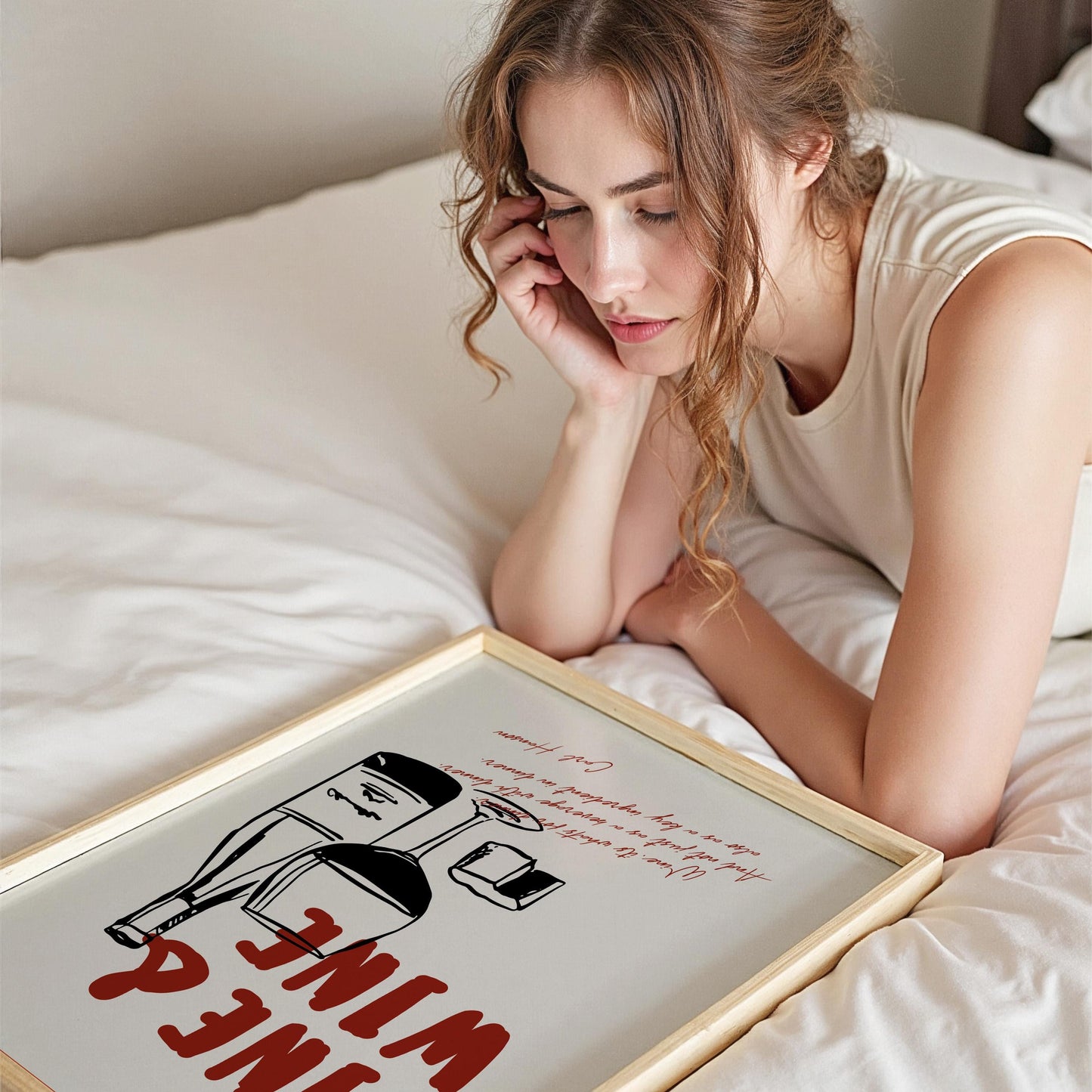 Dining wall art featuring wine typography and elegant wine bottle illustration on premium poster paper