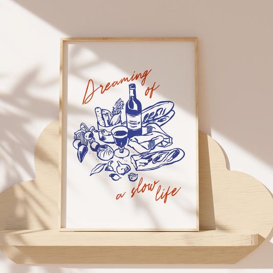 Dreaming of a Slow Life kitchen wall art print with food illustration in navy blue and terracotta colors