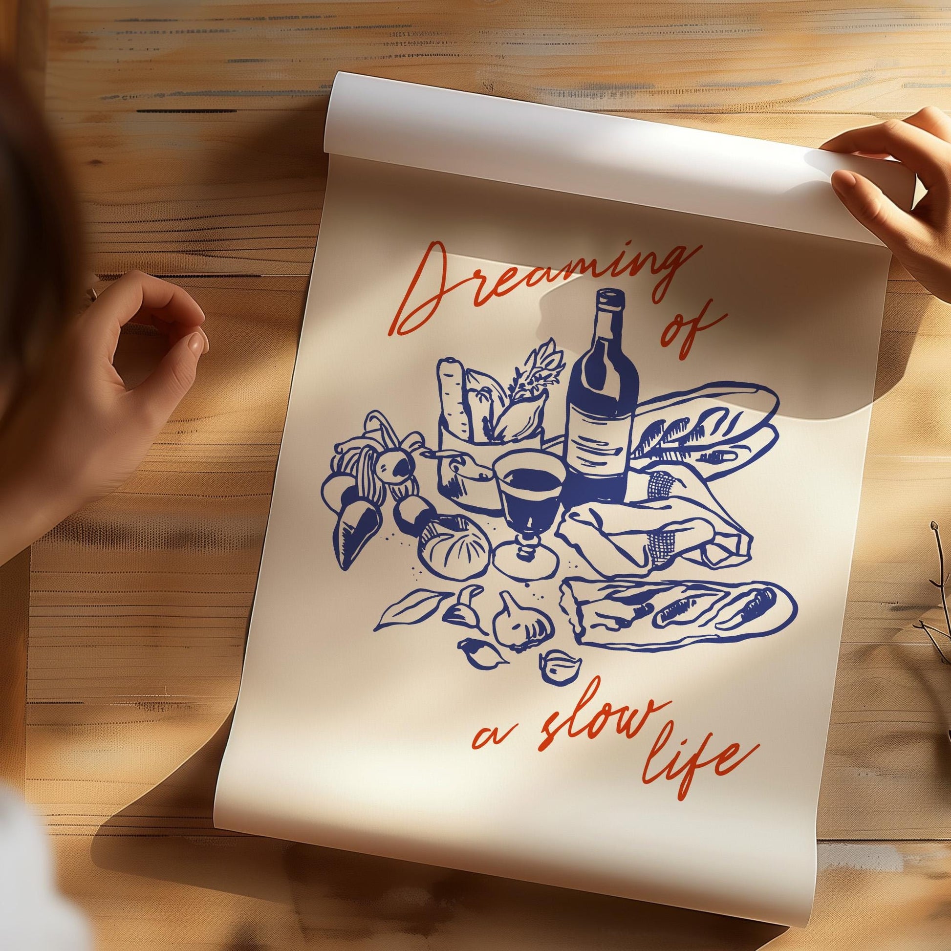 Food lover wall art print with slow life theme and detailed kitchen ingredients illustration on fine art paper