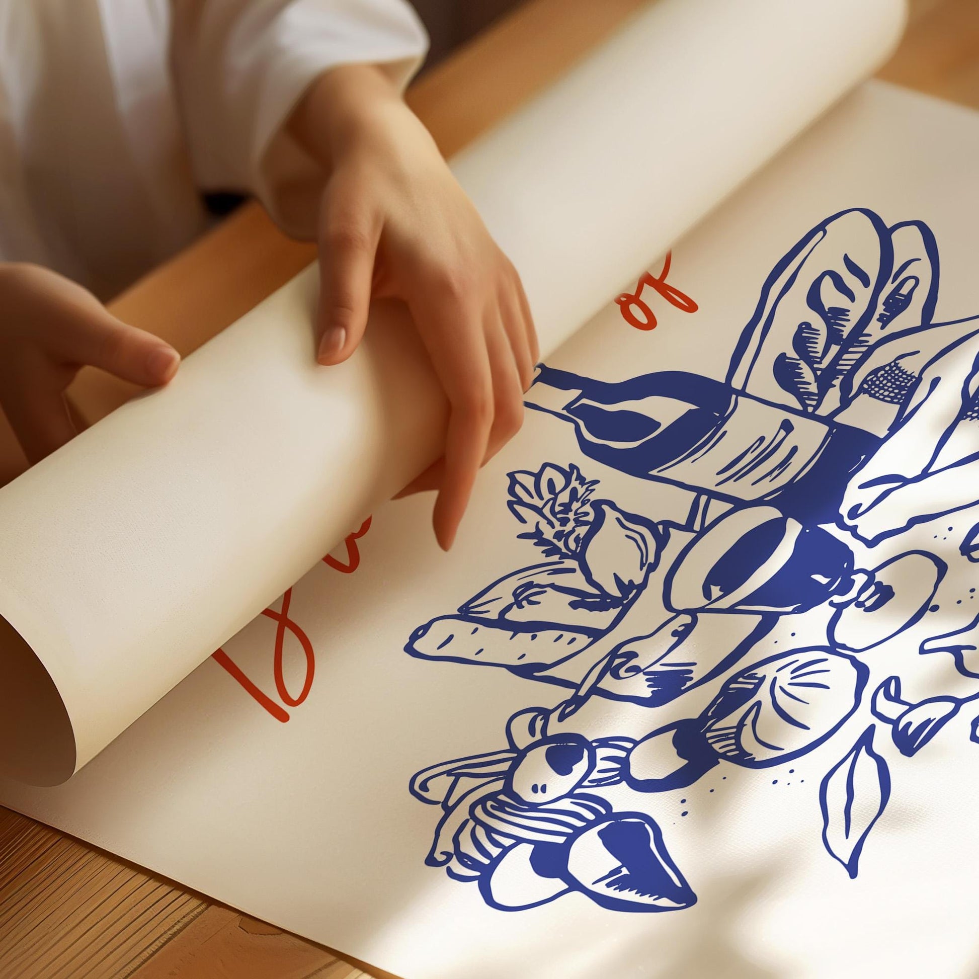 Kitchen lifestyle poster with slow life theme, terracotta lettering, and illustrated food elements on 312gsm fine art paper