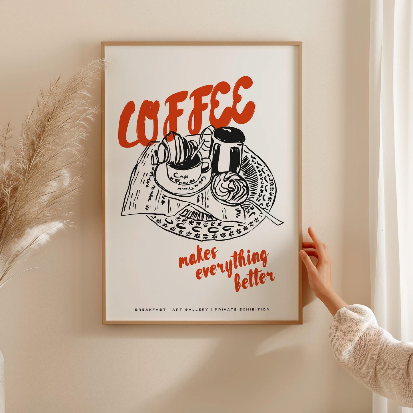Coffee Makes Everything Better wall art with breakfast croissant and French press illustration