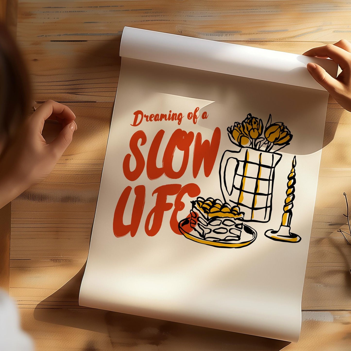 Minimalist wall art print with dreaming of slow life text and whimsical kitchen drawings