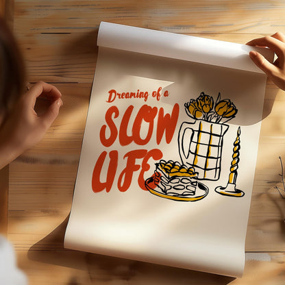 Minimalist wall art print with dreaming of slow life text and whimsical kitchen drawings