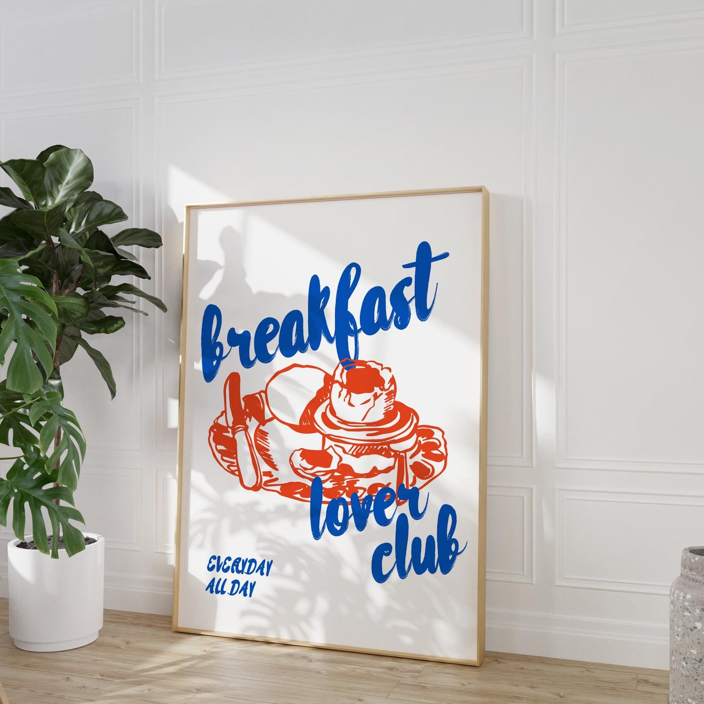 Professional kitchen wall decor poster featuring hand-lettered breakfast lover club text with stack of pancakes