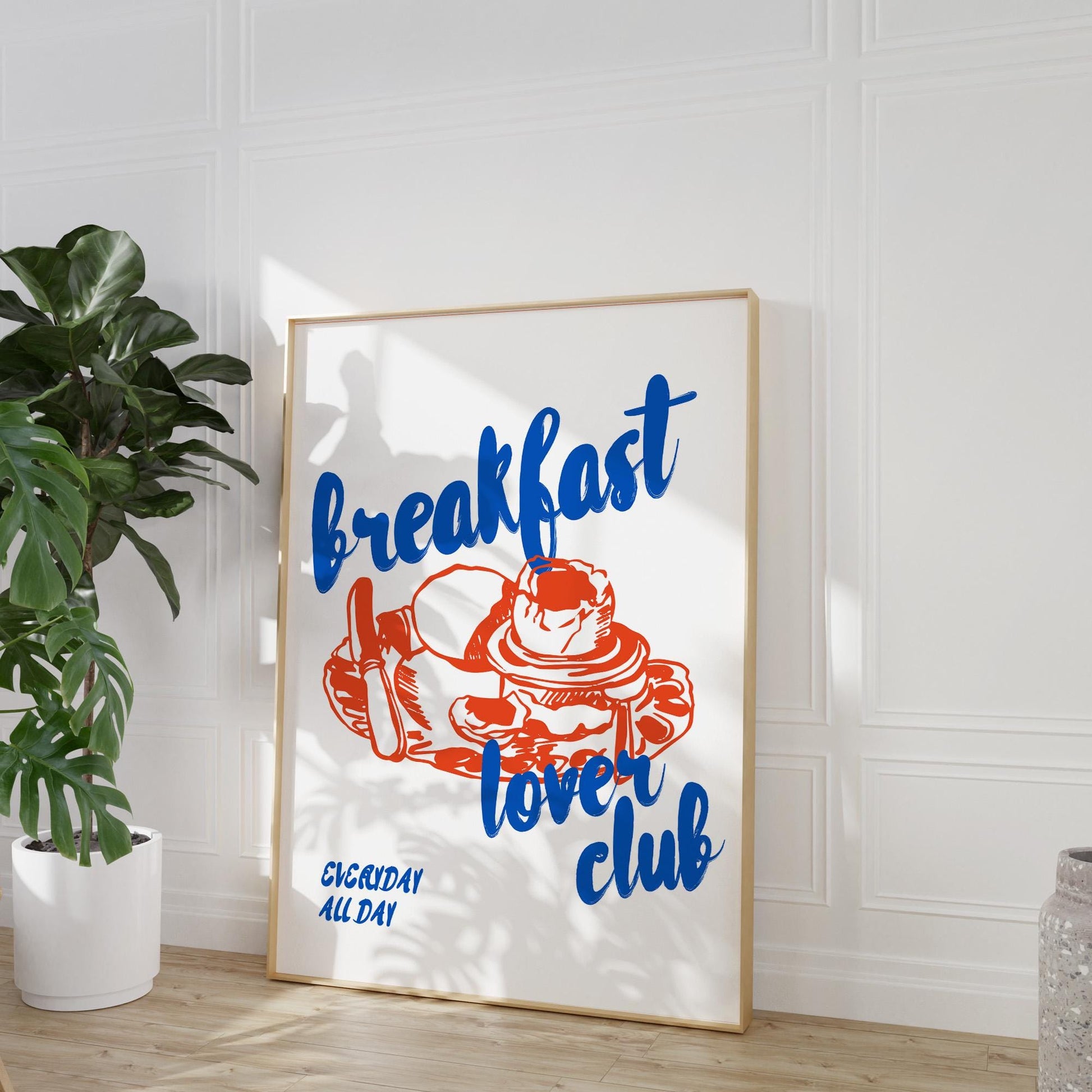 Professional kitchen wall decor poster featuring hand-lettered breakfast lover club text with stack of pancakes