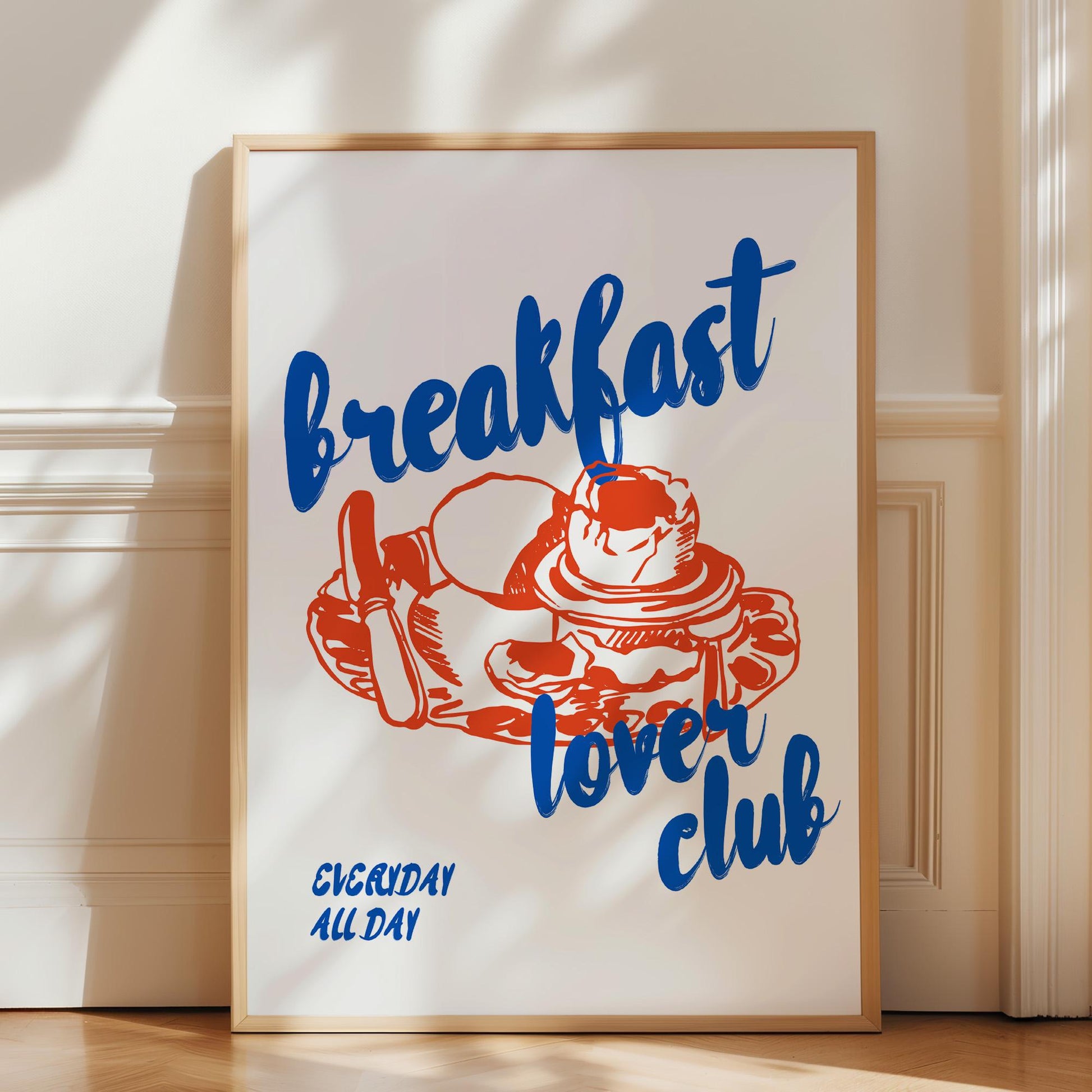 Kitchen poster with breakfast lover club text and vintage pancake stack illustration on fine art paper