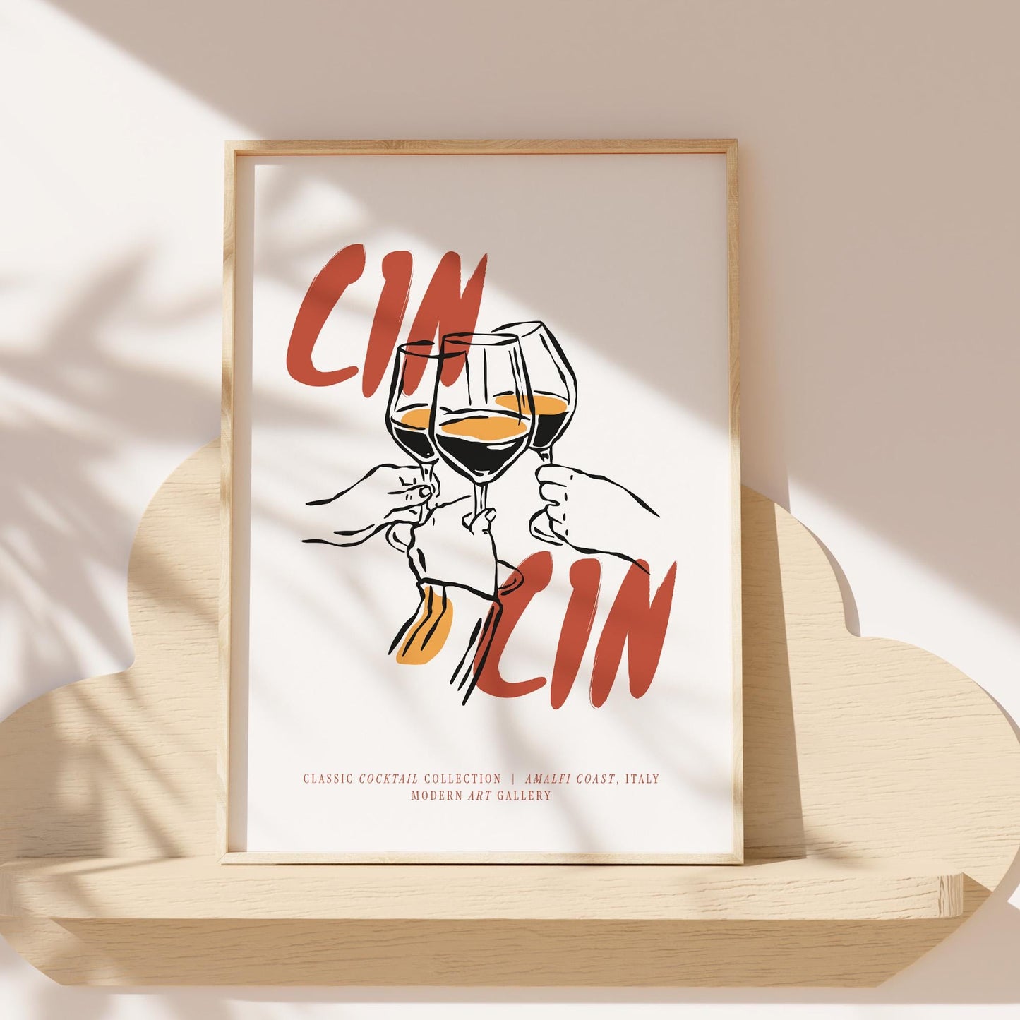 Amalfi Coast inspired wall art print with wine toast illustration on fine art paper