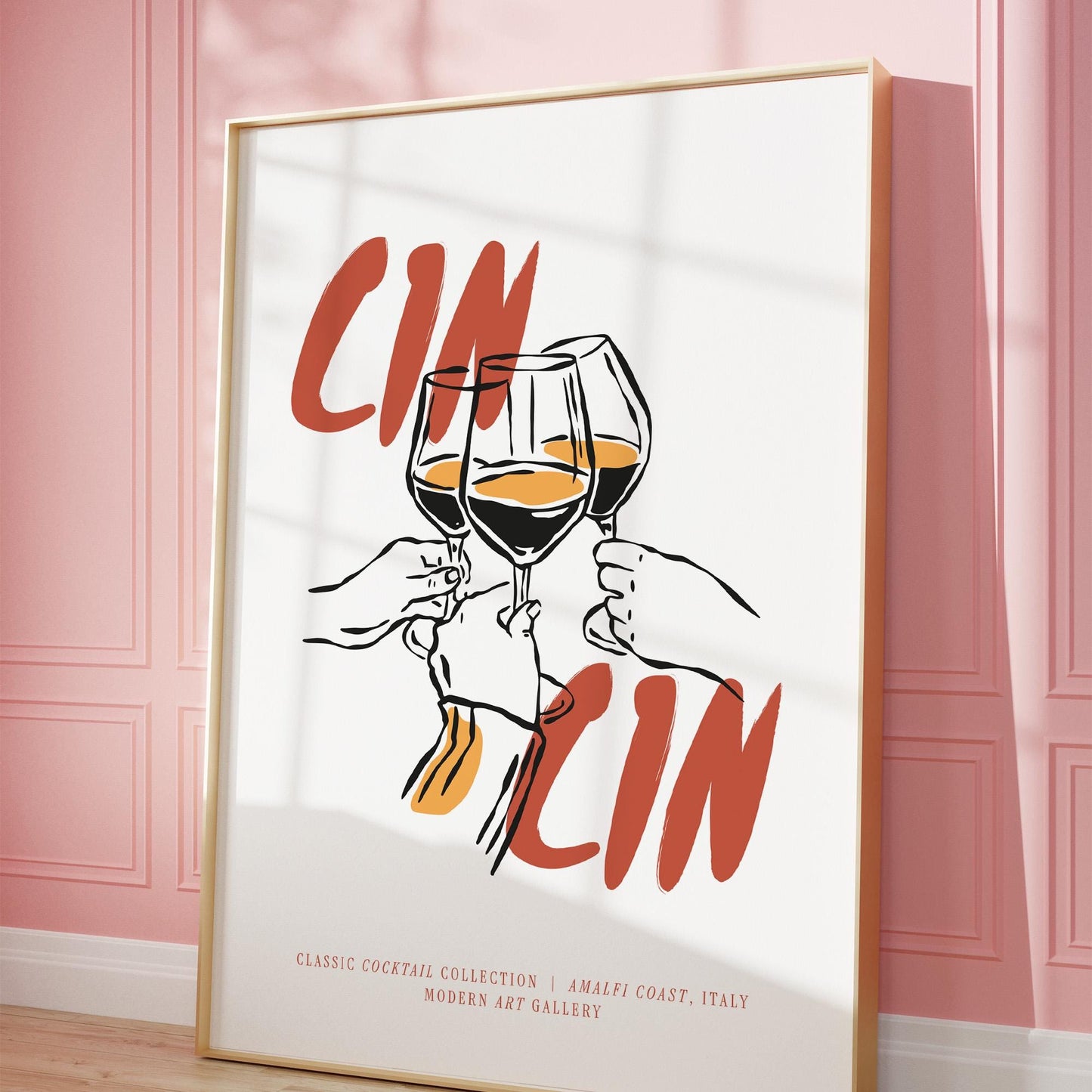 Italian toast wall art print featuring wine theme with illustrated hands holding glasses on premium paper