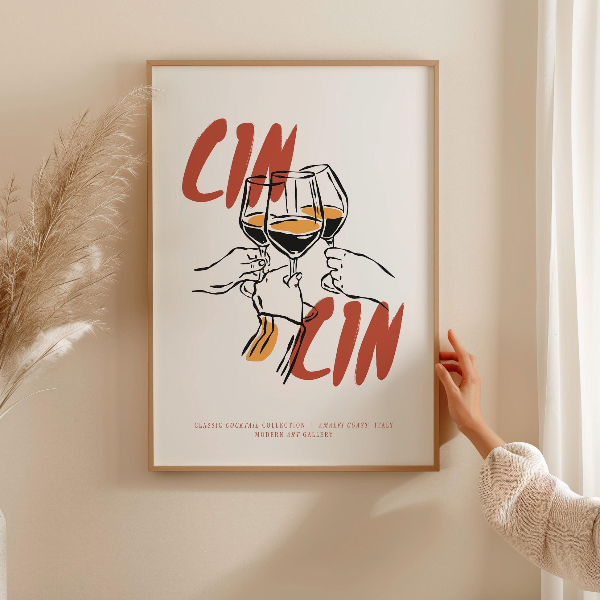 Professional wine art print showing Italian cin cin toast with hand-drawn wine glass illustration