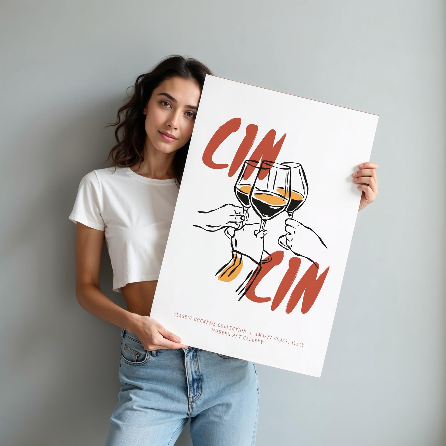 Cin Cin wine cheers wall art print with hands toasting wine glasses in terracotta and black colors