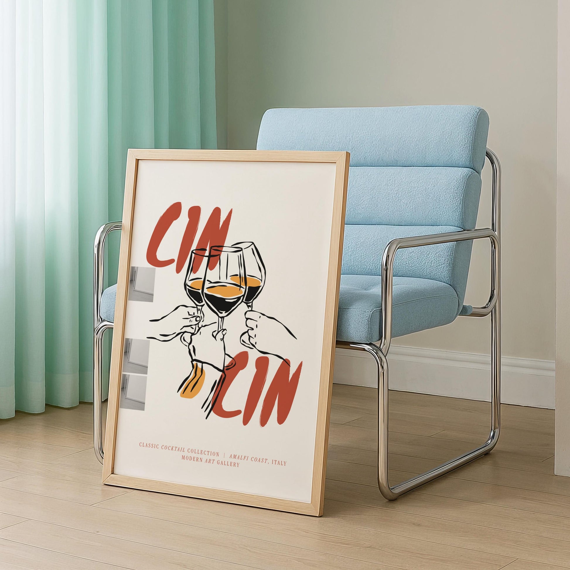 Mediterranean wine wall art featuring cheers typography and elegant wine toast on premium poster paper