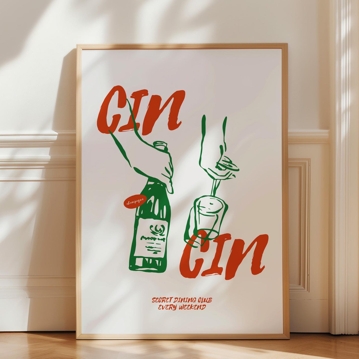 Cin Cin Italian toast wall art with green wine bottle and glass illustration