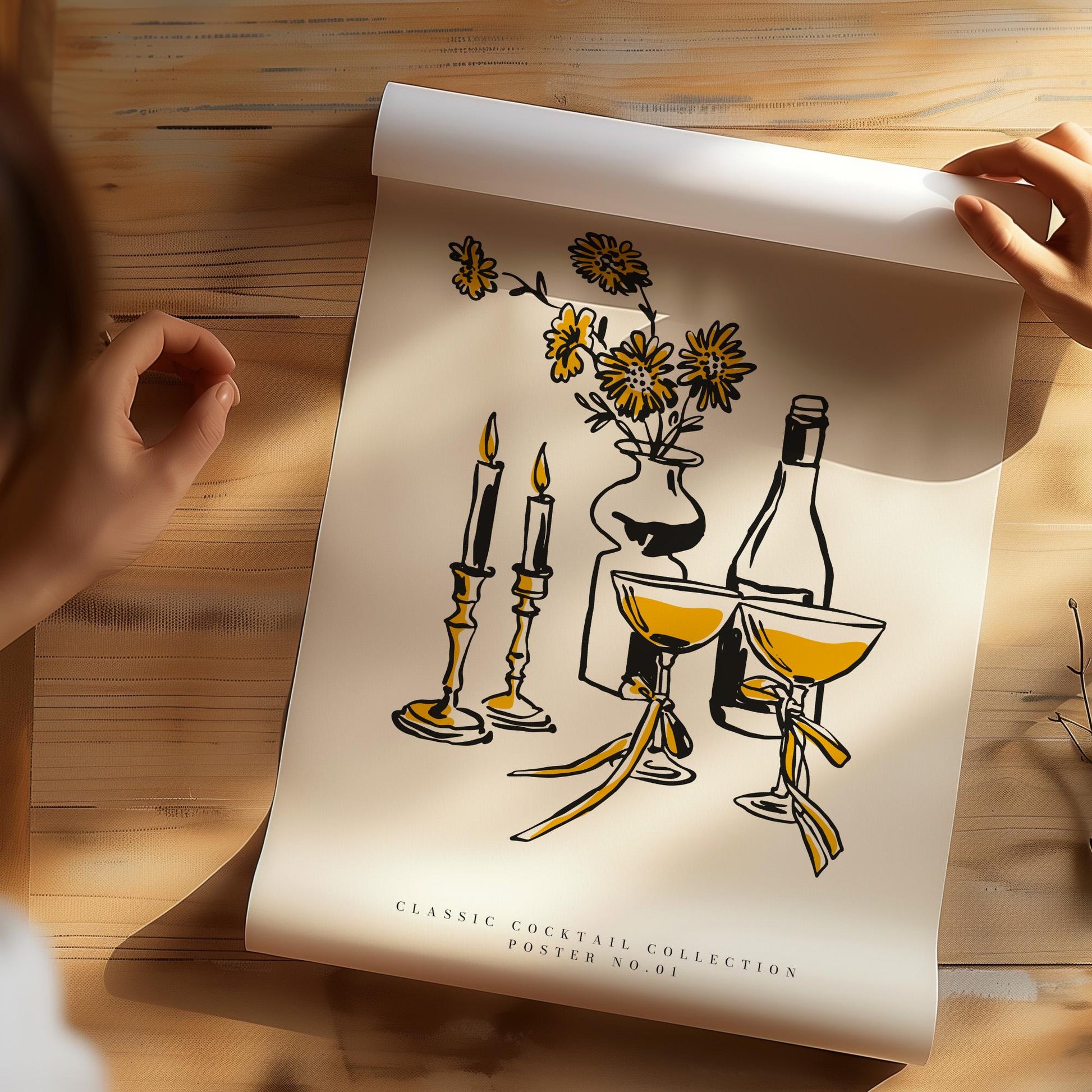 Classic cocktail wall art print with candles and yellow drinks illustration