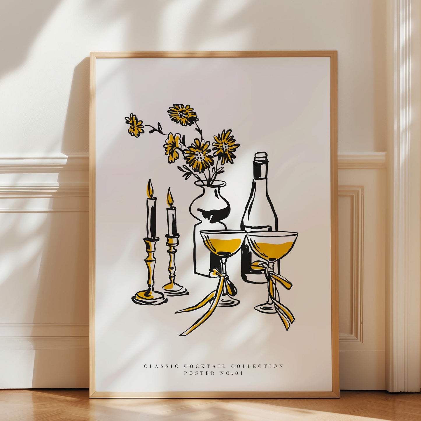 Cozy dinner decor print with candles and cocktail glasses