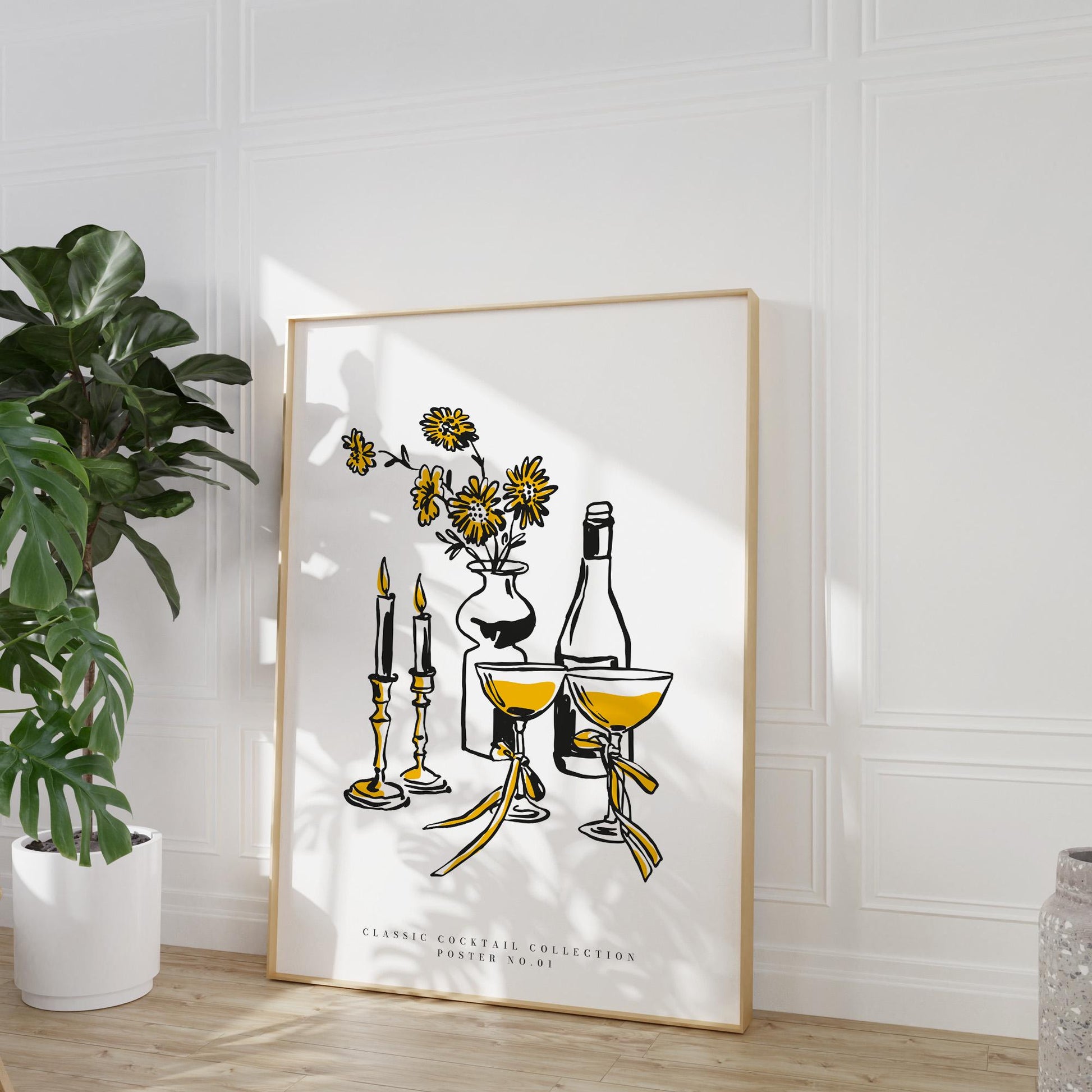 Fine art drink print with black line illustration and yellow accents