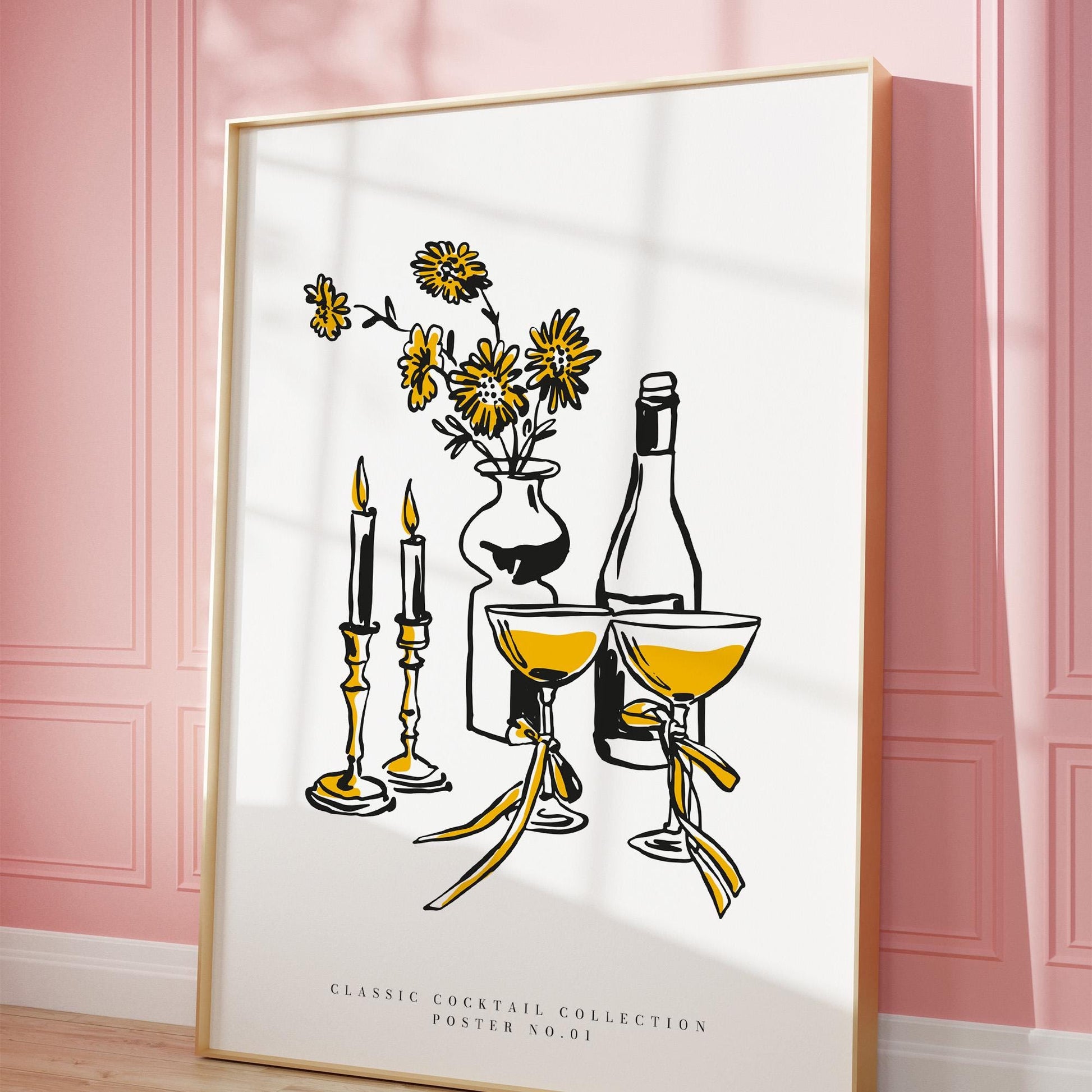 Elegant cocktail poster showing drinks and candlelight in minimalist style