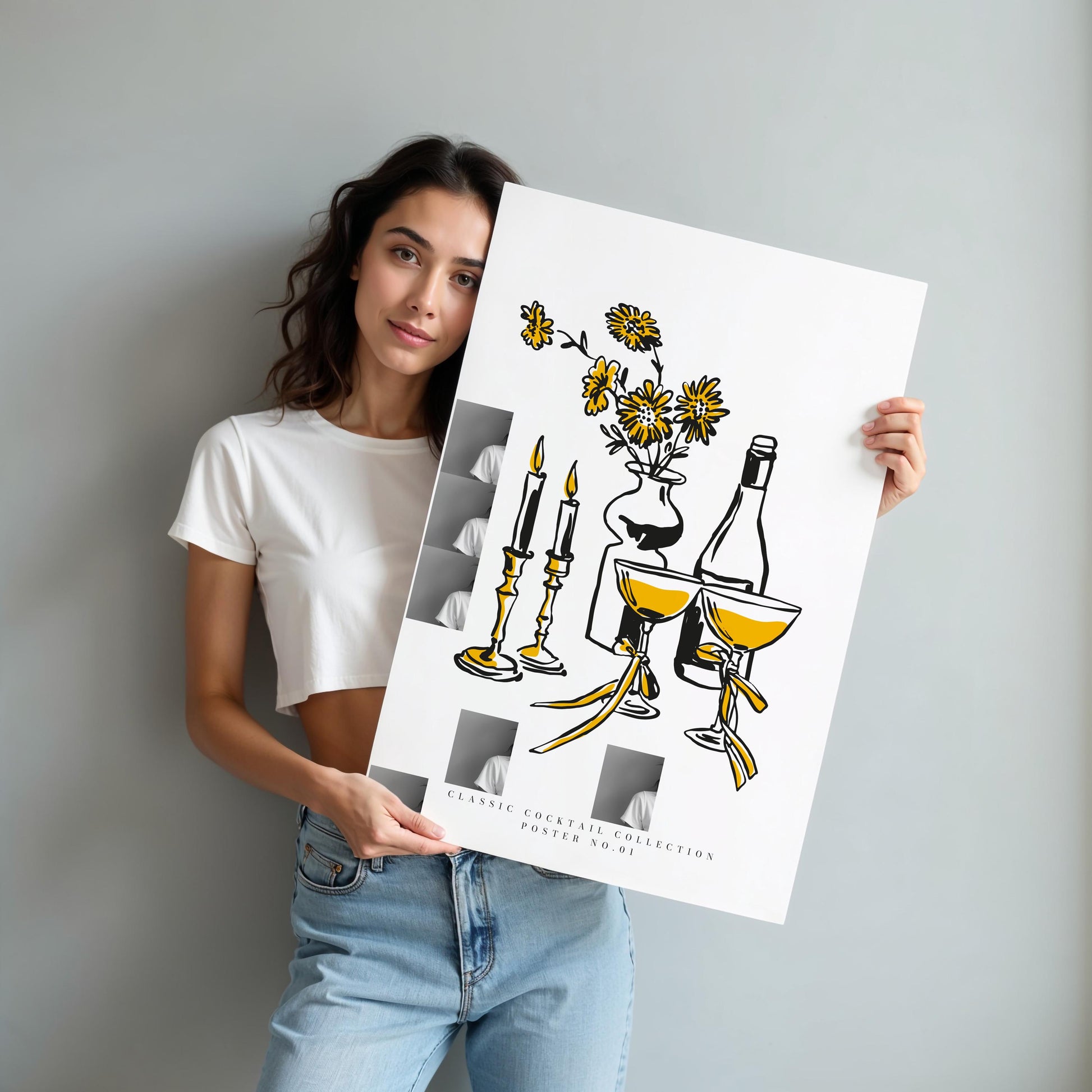 Cocktail themed poster with warm yellow tones and minimalist design