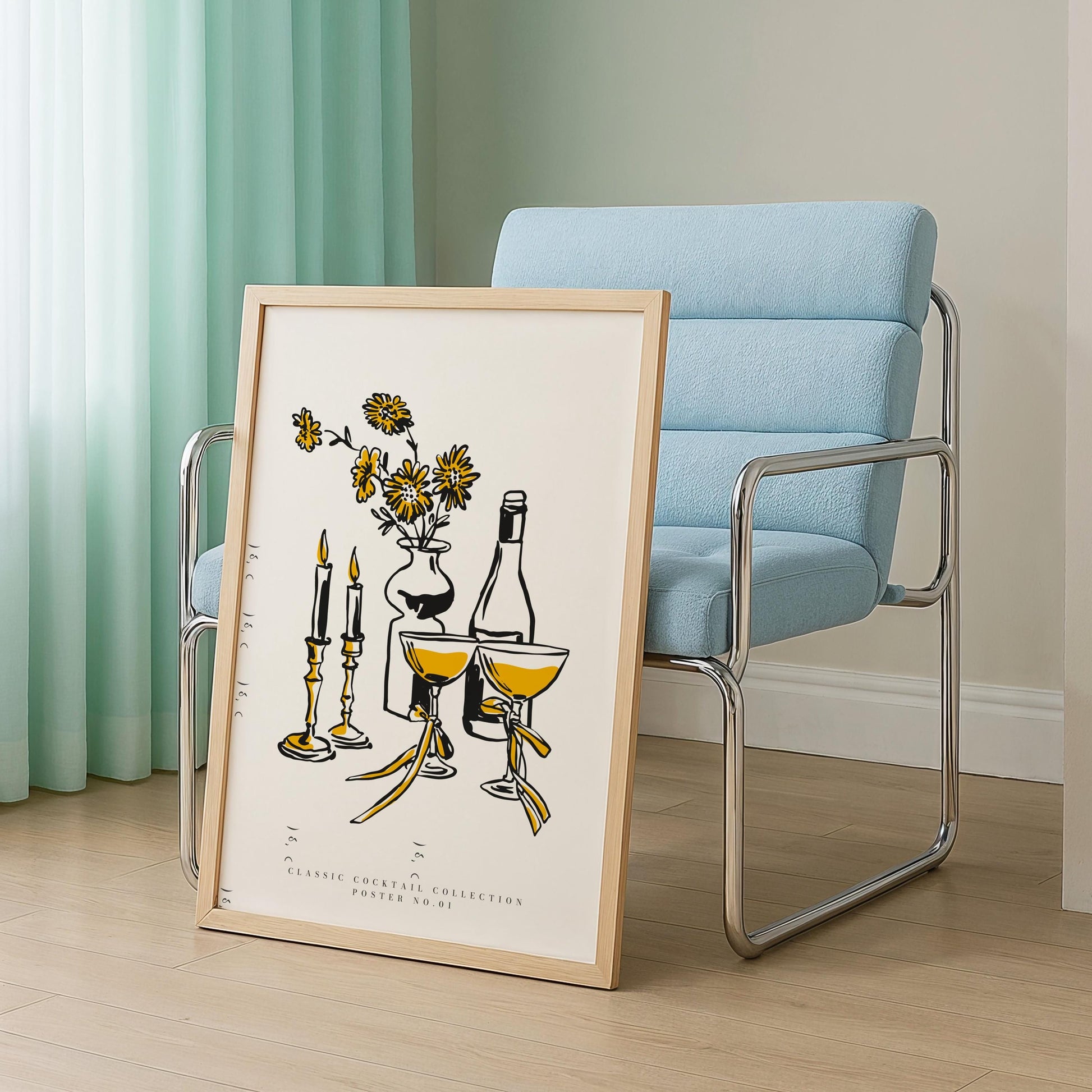 Vintage inspired drink illustration with candles and vase