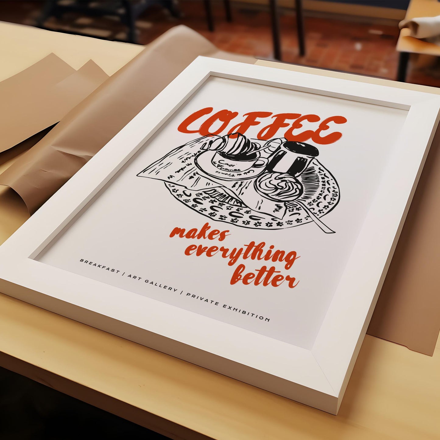 Coffee lover poster with breakfast plate illustration and fine art style