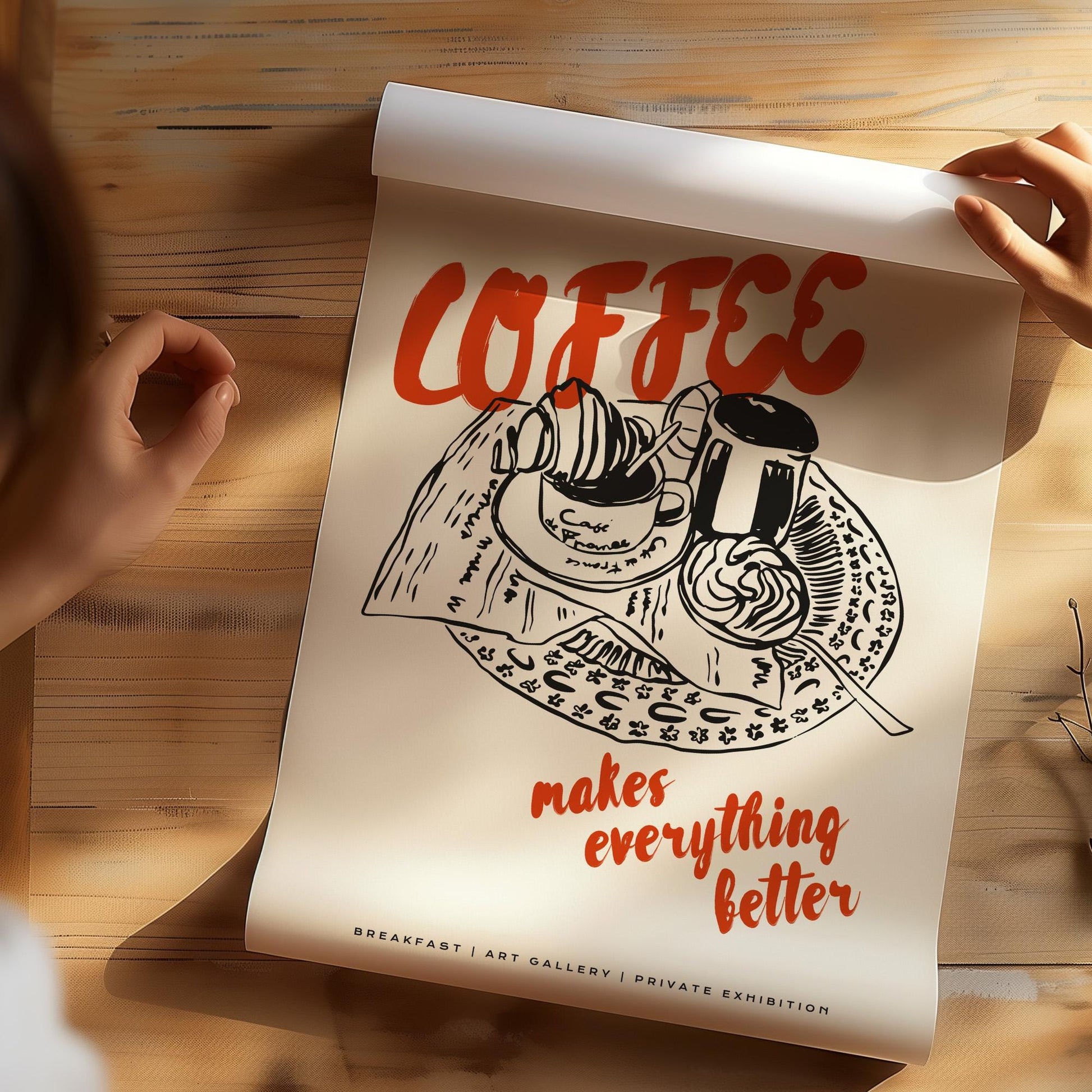 Kitchen wall decor print featuring coffee cup, croissant, and pastry with bold red text