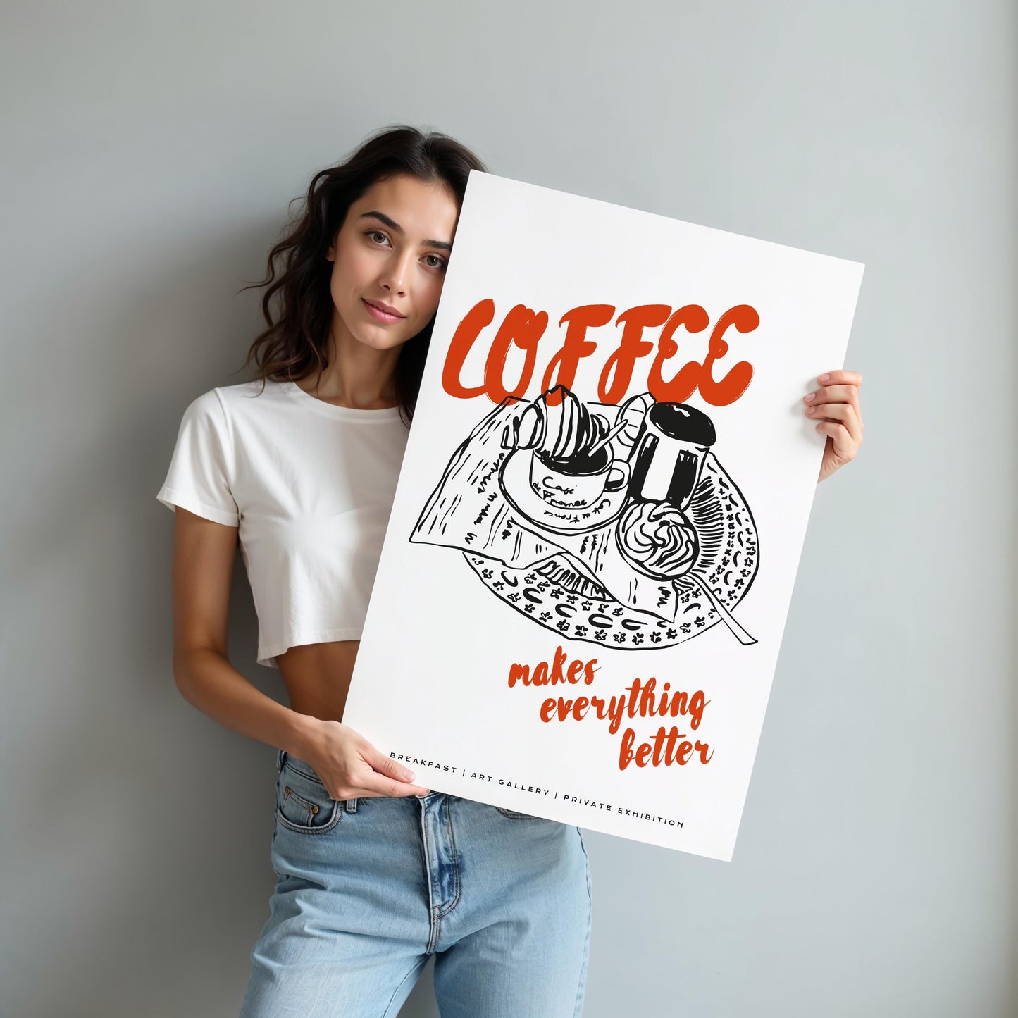 Kitchen art print featuring coffee and croissant theme on premium paper