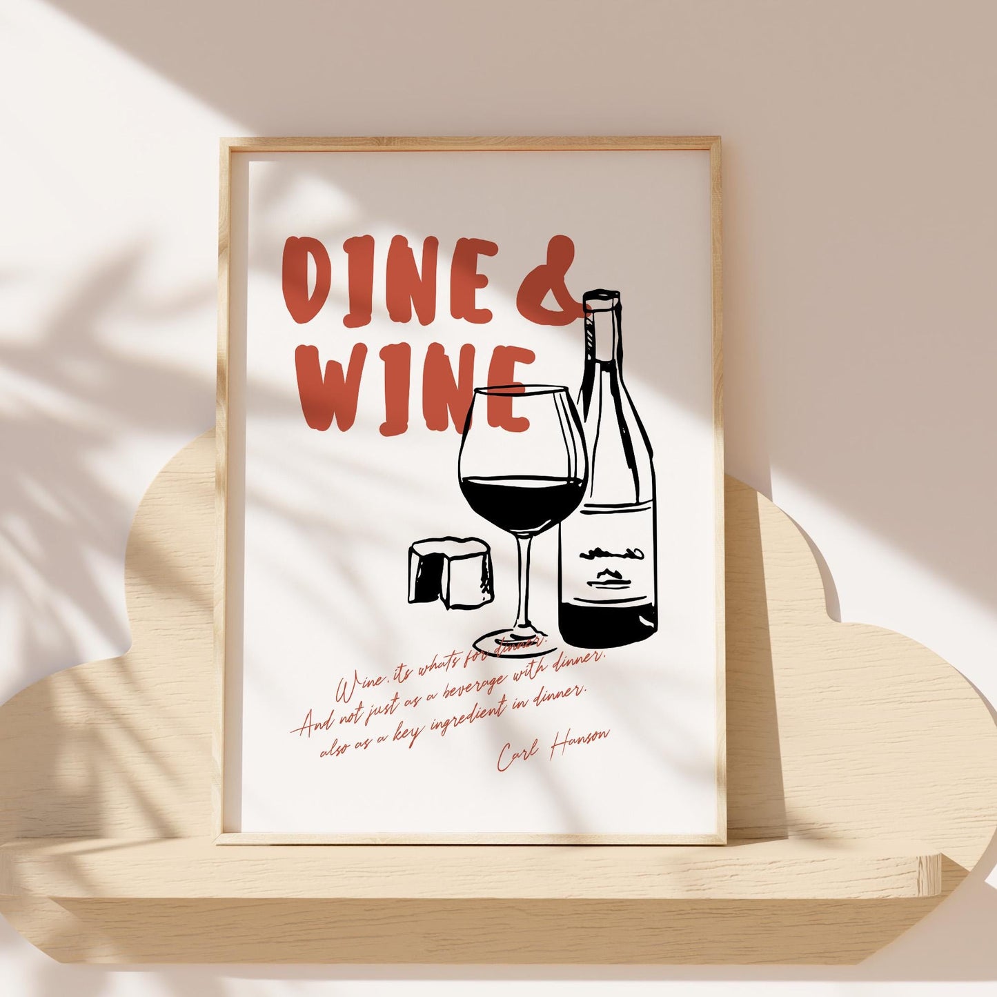 Wine bar wall art print featuring dine wine typography with elegant wine bottle illustration on premium paper