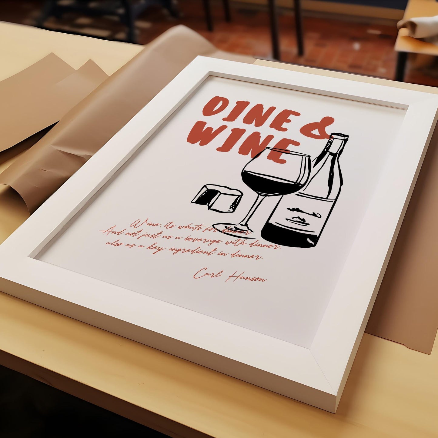 Dining room decor poster showing wine quote with illustrated wine glass and bottle in warm colors