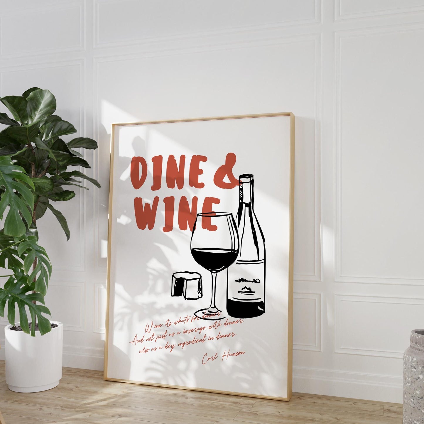 Kitchen wine decor poster with inspirational quote and classic wine bottle glass illustration
