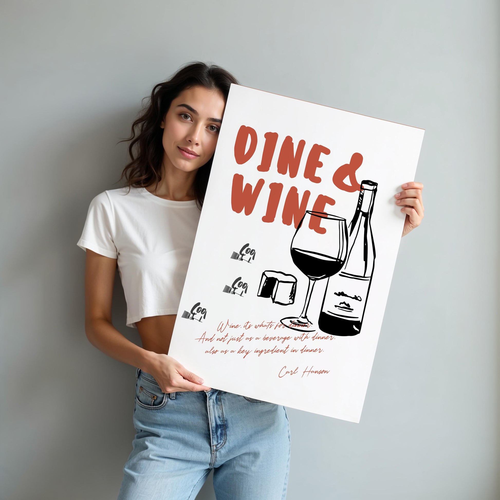 Professional wine art print showing dine wine quote with hand-drawn wine bottle and glass illustration