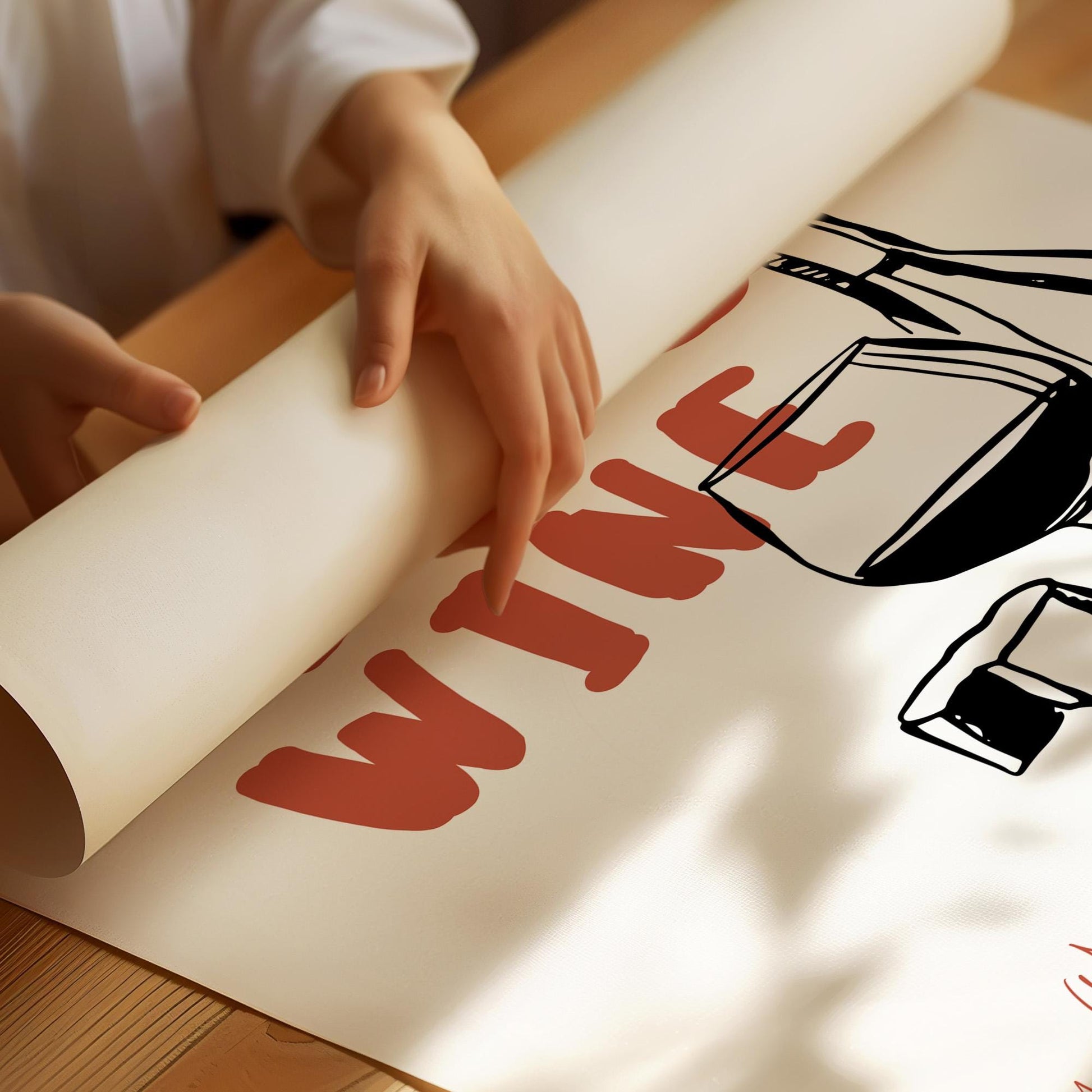 Wine enthusiast poster with dine wine theme, terracotta lettering, and illustrated wine elements on 312gsm fine art paper