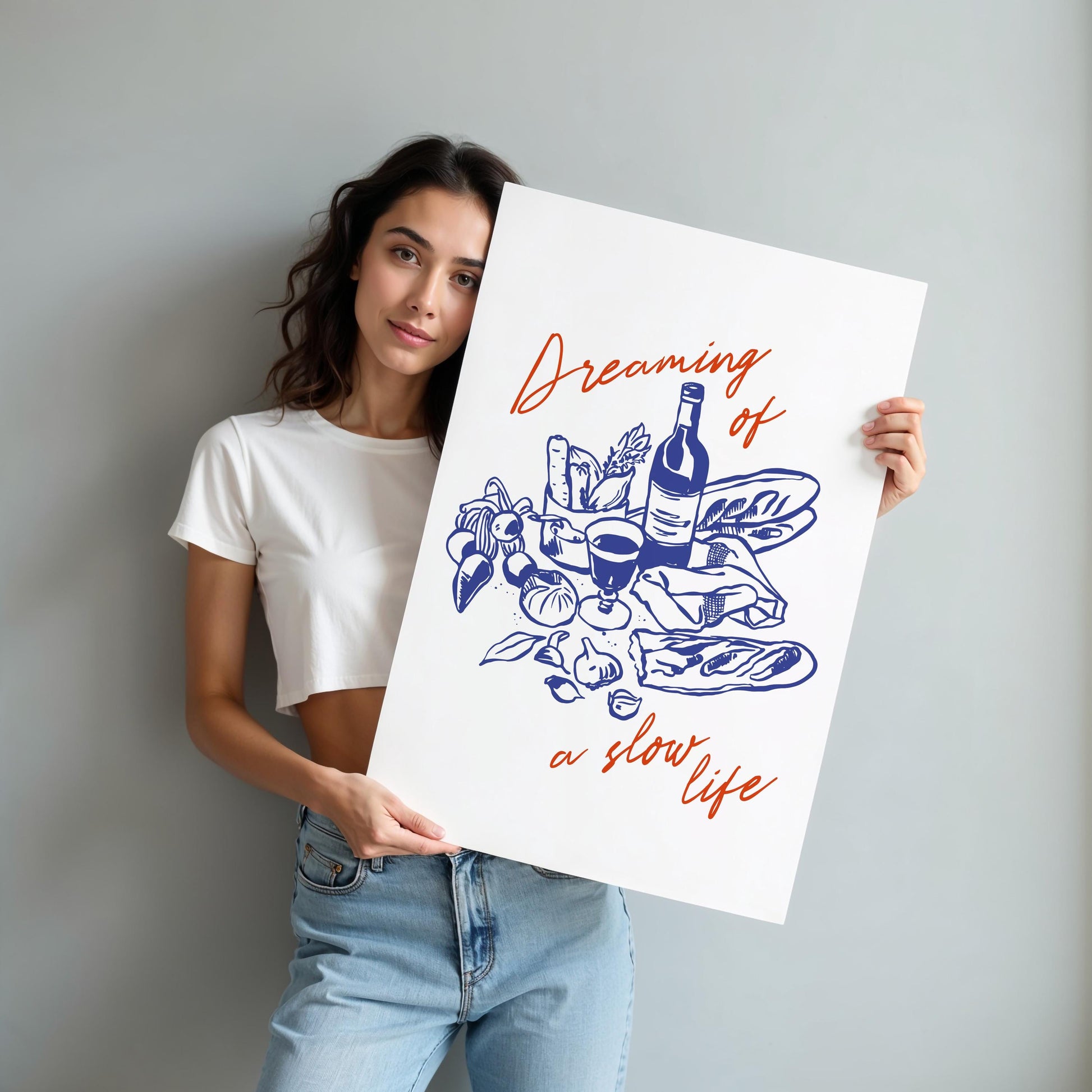 Farmhouse kitchen poster with slow living text and artisanal food ingredients illustration