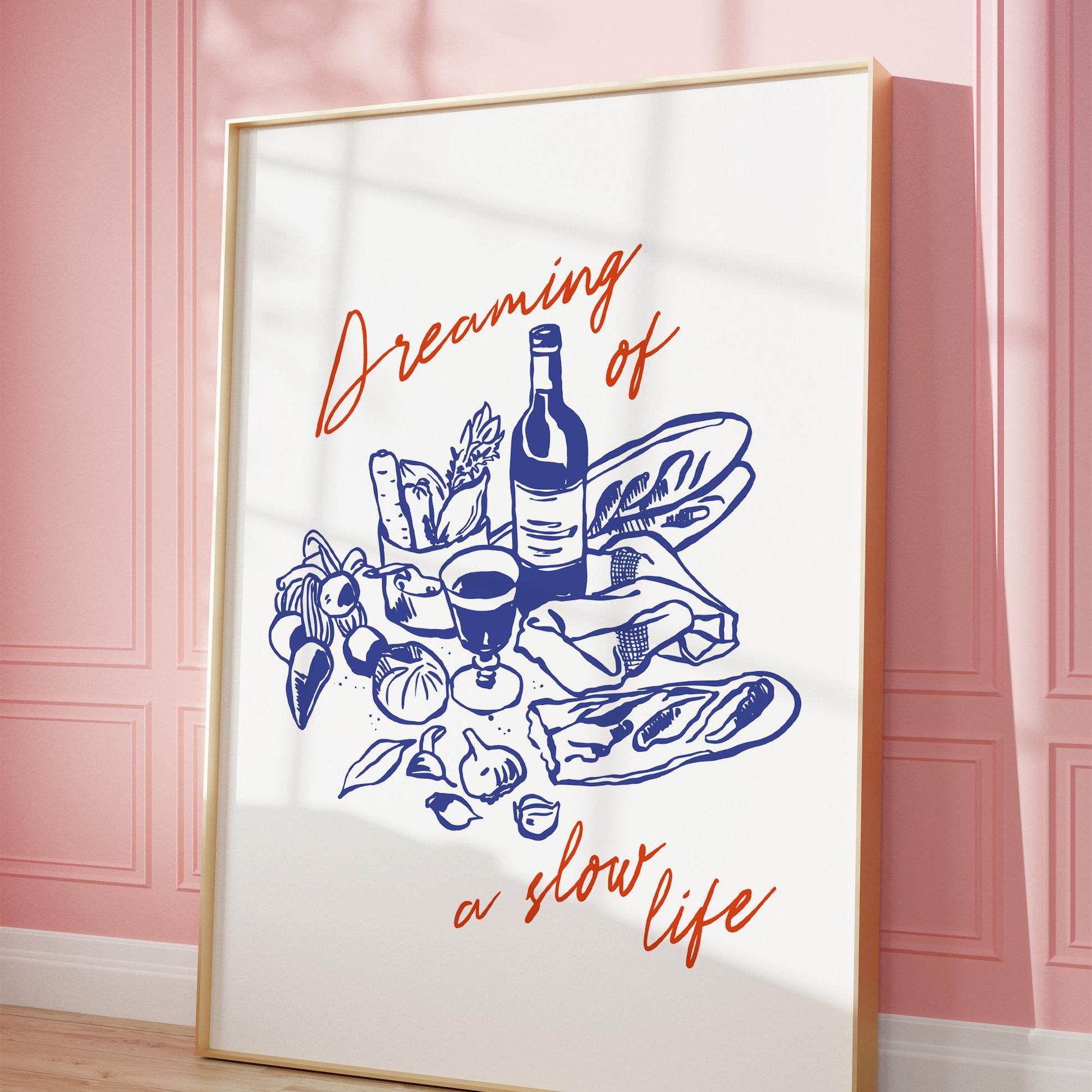 Slow living wall art featuring mindful lifestyle typography and detailed food illustration on premium poster paper
